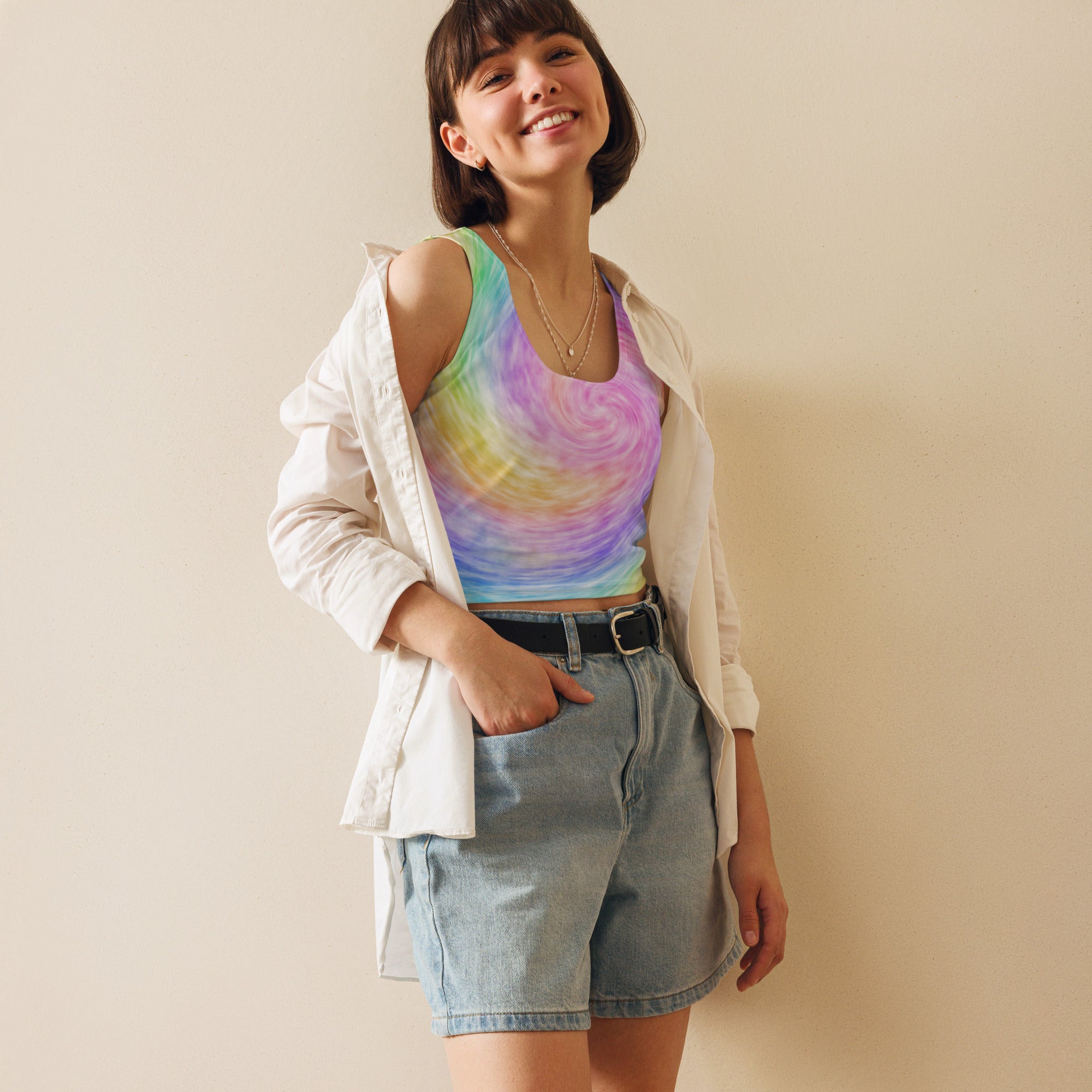 Women's Rainbow Tie Dye Buttery Soft Crop Top- Quick-Drying UPF 50+ Stretch Top