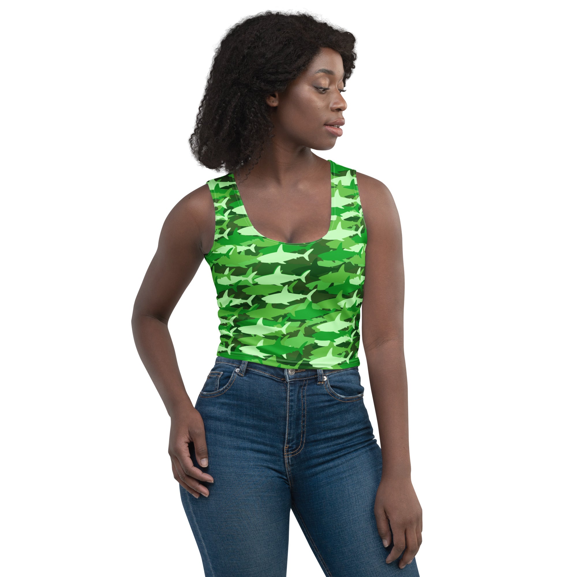 Women's Green Shark Camouflage Buttery Soft Crop Top- Quick-Drying UPF 50+ Stretch Top
