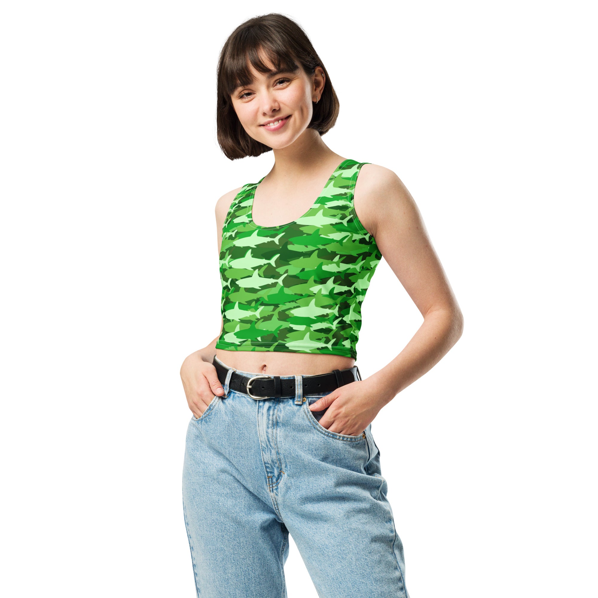 Women's Green Shark Camouflage Buttery Soft Crop Top- Quick-Drying UPF 50+ Stretch Top