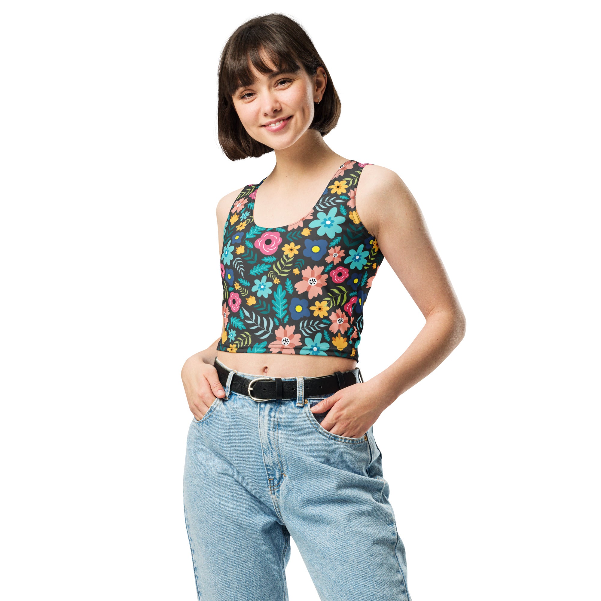Women's Dark Floral Buttery Soft Crop Top- Quick-Drying UPF 50+ Stretch Top