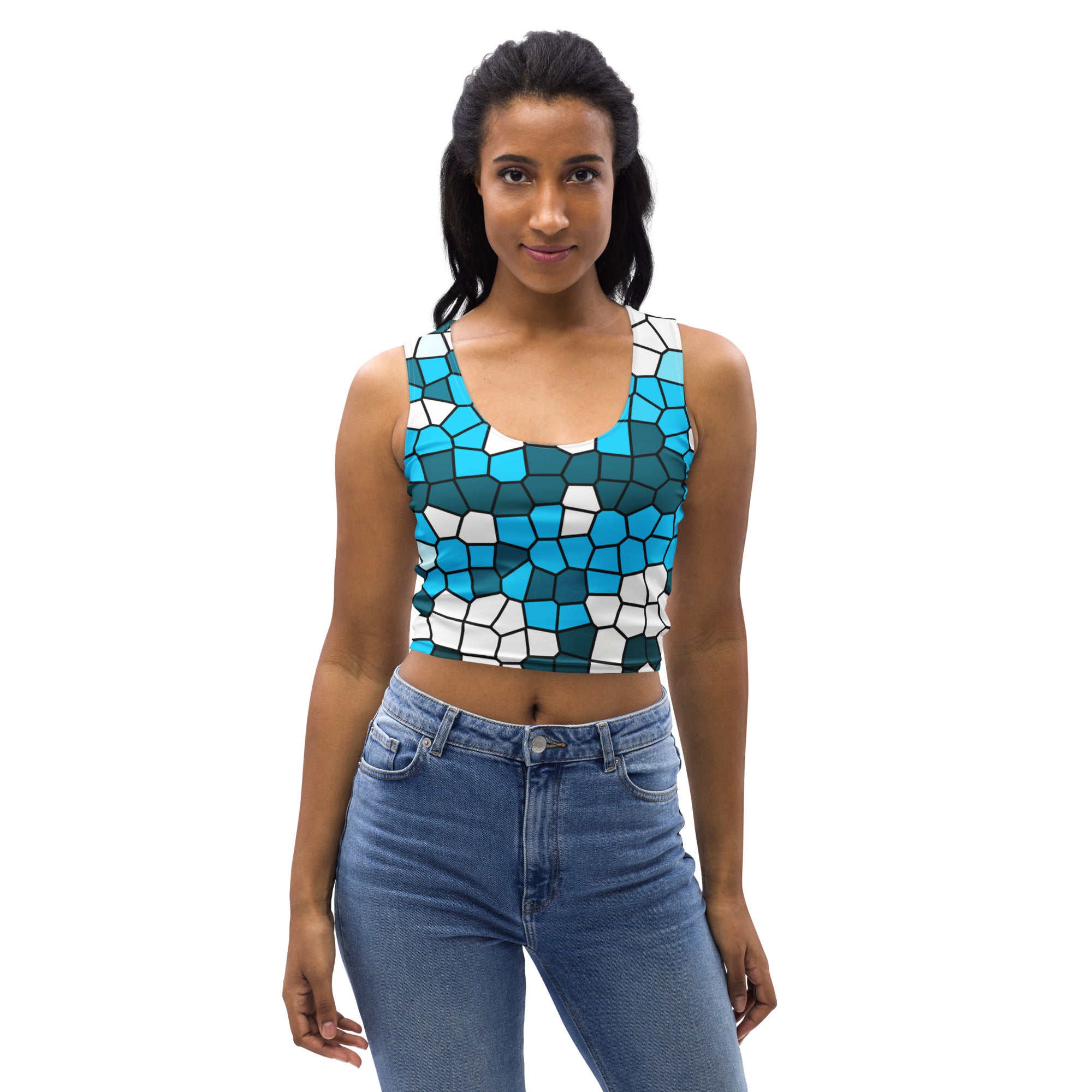 Women's Blue Abstract Buttery Soft Crop Top- Quick-Drying UPF 50+ Stretch Top