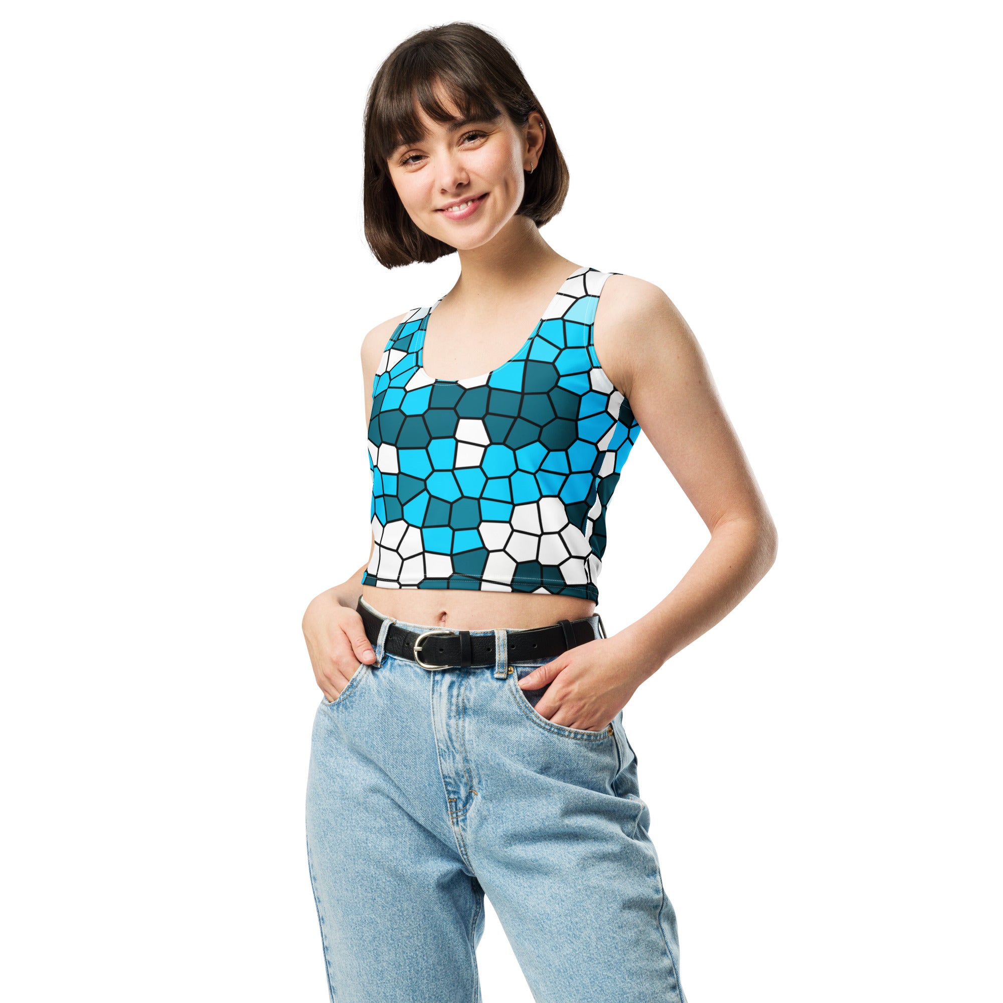 Women's Blue Abstract Buttery Soft Crop Top- Quick-Drying UPF 50+ Stretch Top