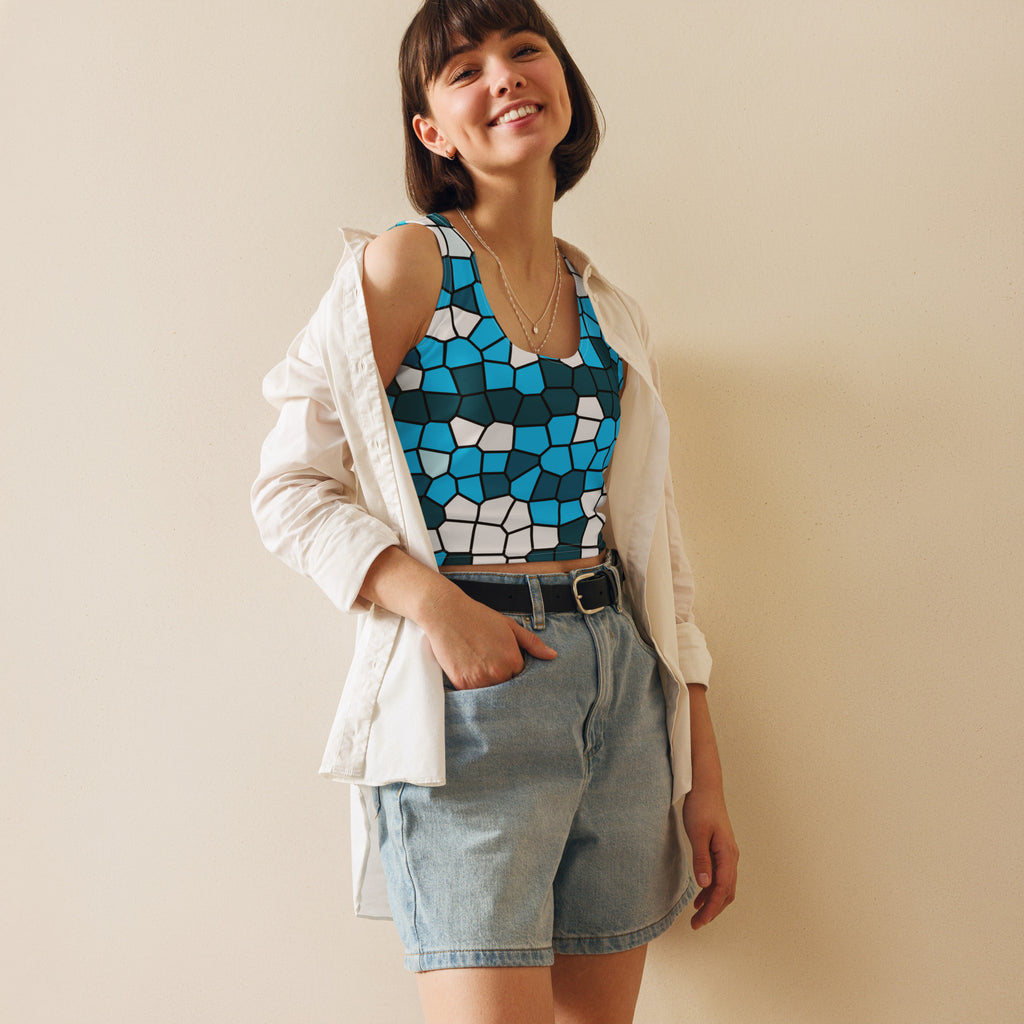 Women's Blue Abstract Buttery Soft Crop Top- Quick-Drying UPF 50+ Stretch Top