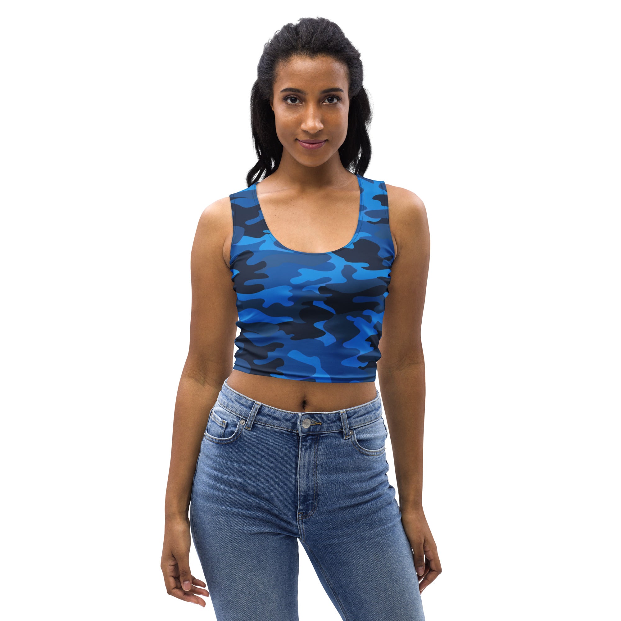 Women's Blue Camouflage Buttery Soft Crop Top- Quick-Drying UPF 50+ Stretch Top