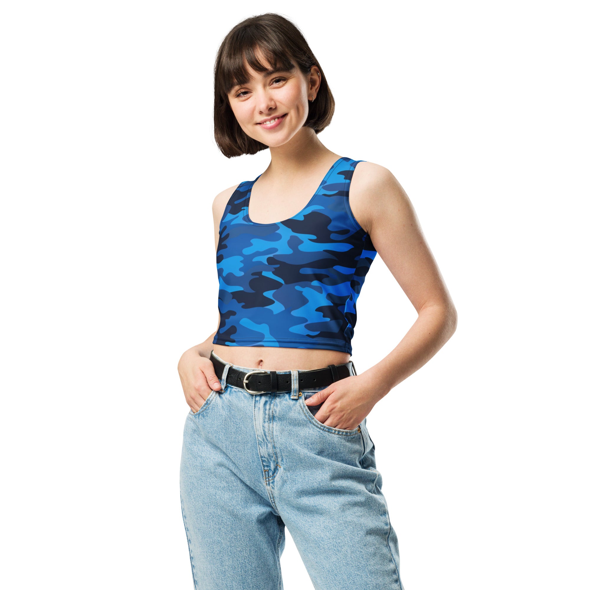 Women's Blue Camouflage Buttery Soft Crop Top- Quick-Drying UPF 50+ Stretch Top