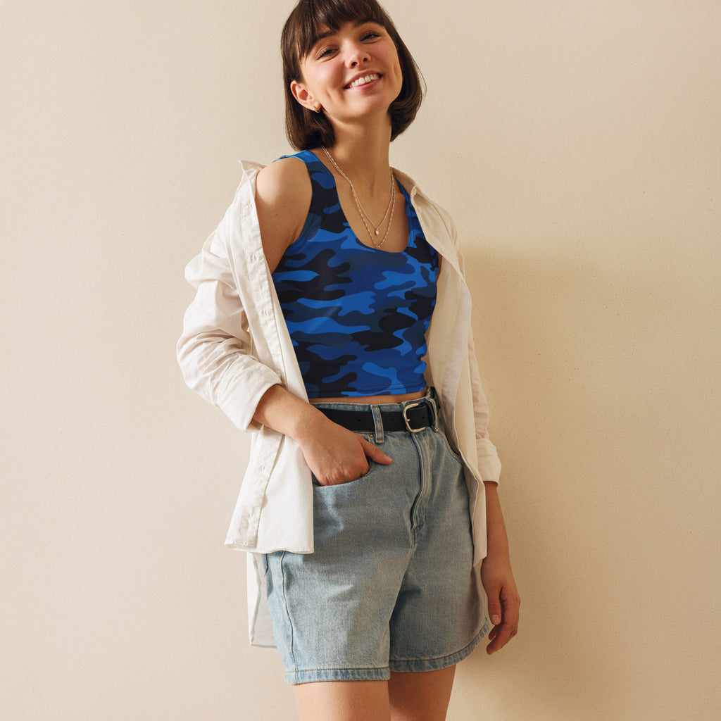 Women's Blue Camouflage Buttery Soft Crop Top- Quick-Drying UPF 50+ Stretch Top