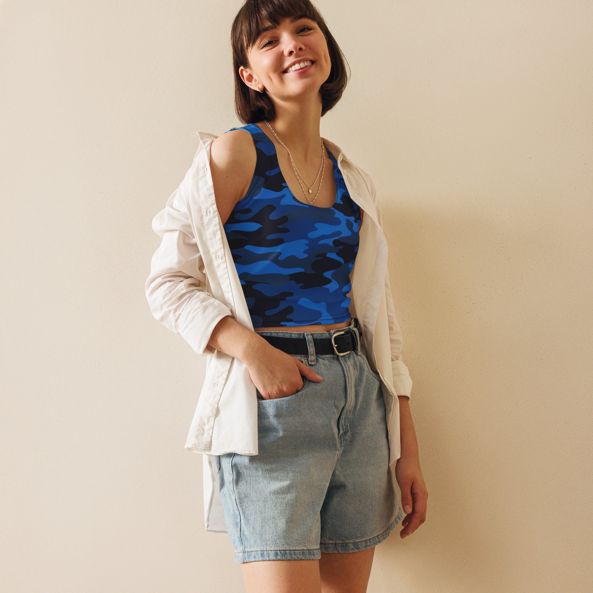 Women's Blue Camouflage Buttery Soft Crop Top- Quick-Drying UPF 50+ Stretch Top