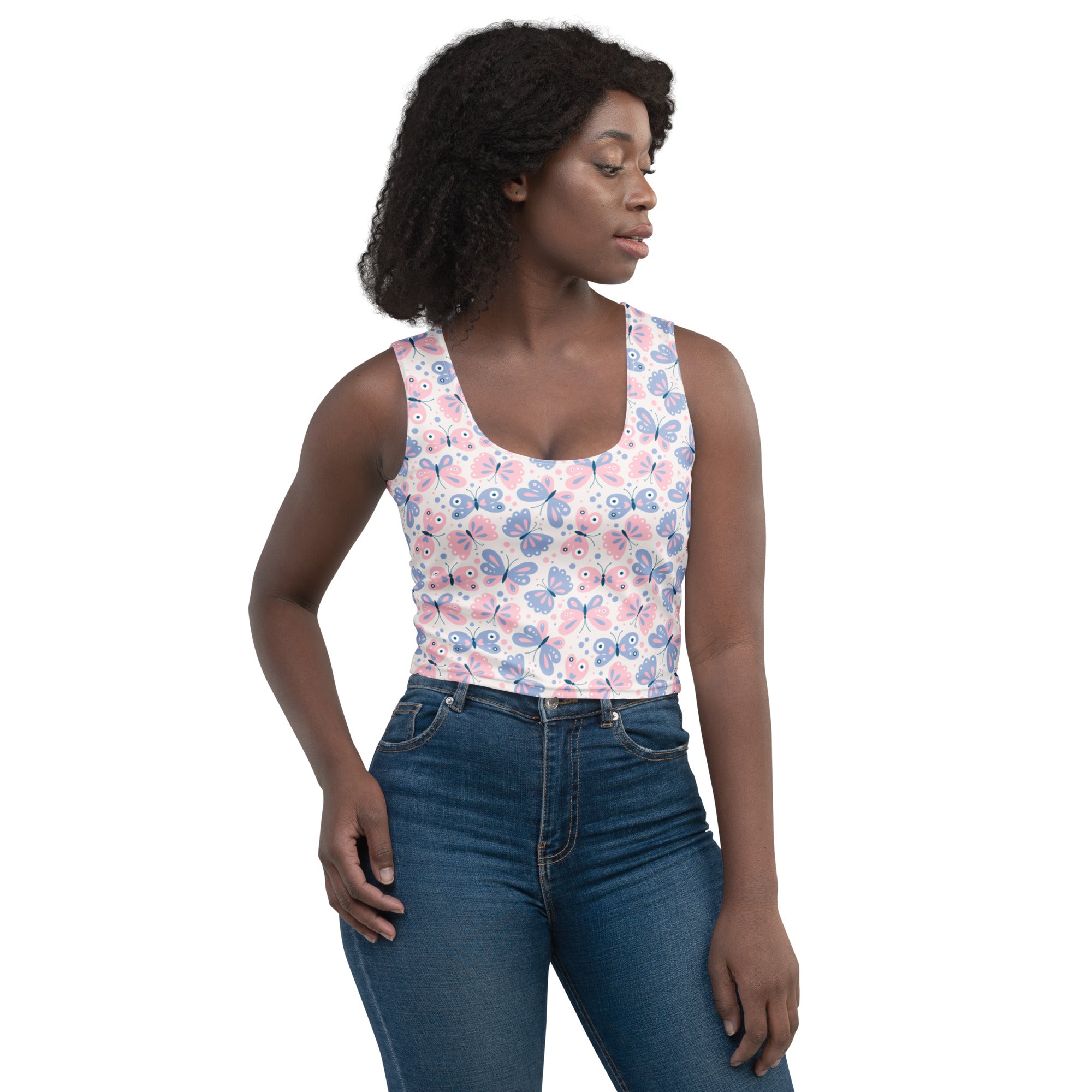 Women's Butterfly Print Buttery Soft Crop Top- Quick-Drying UPF 50+ Stretch Top
