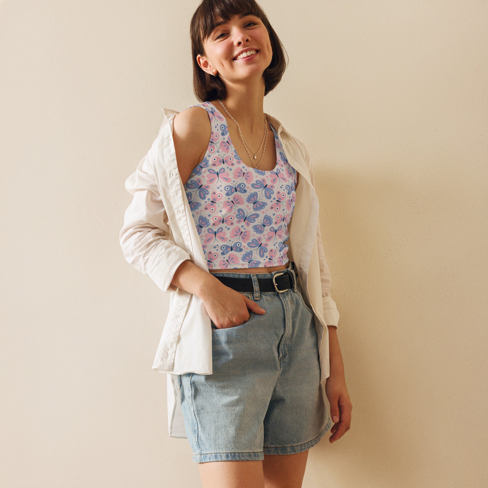 Women's Butterfly Print Buttery Soft Crop Top- Quick-Drying UPF 50+ Stretch Top