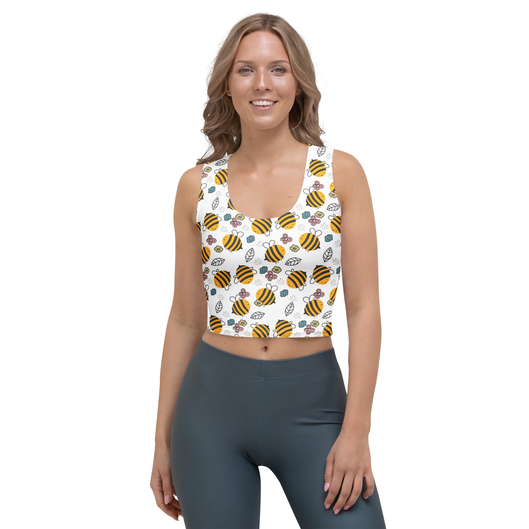 Women's Floral Yellow Bumblebee Buttery Soft Crop Top- Quick-Drying UPF 50+ Stretch Top