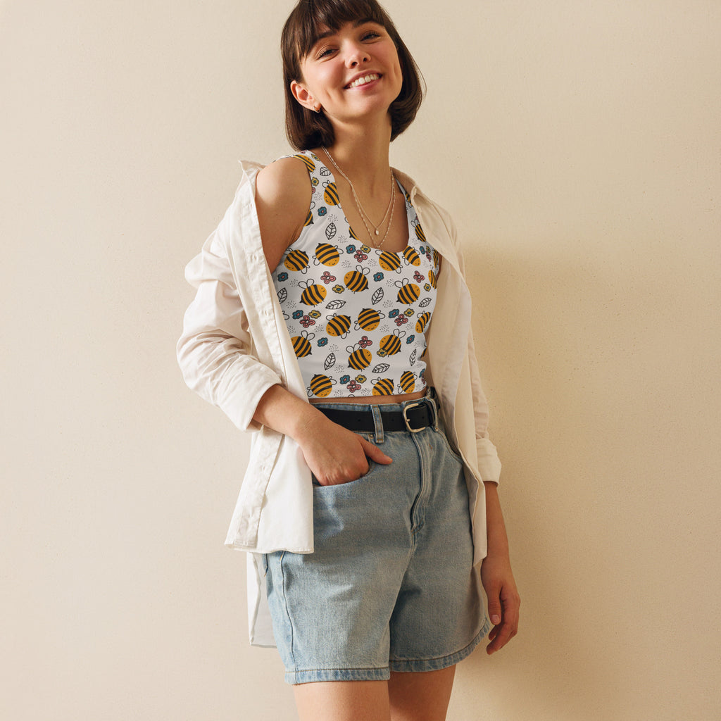 Women's Floral Yellow Bumblebee Buttery Soft Crop Top- Quick-Drying UPF 50+ Stretch Top
