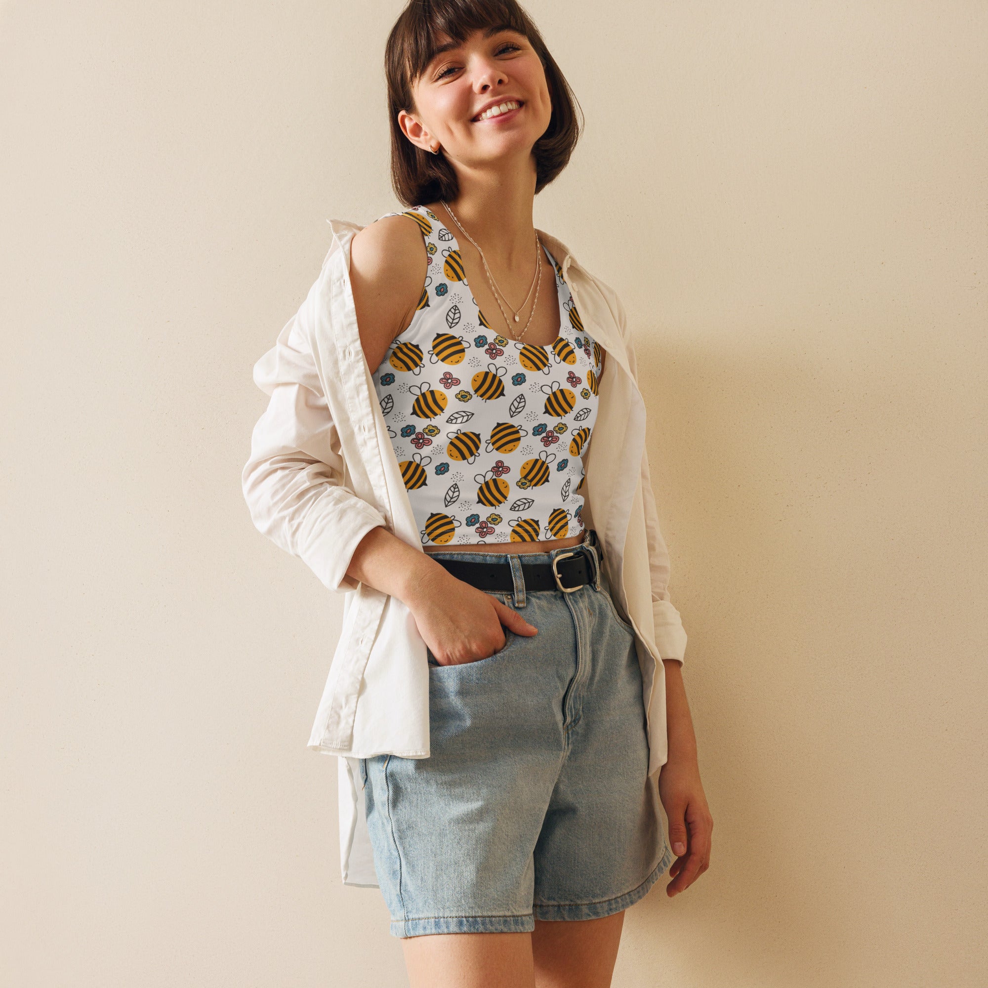 Women's Floral Yellow Bumblebee Buttery Soft Crop Top- Quick-Drying UPF 50+ Stretch Top