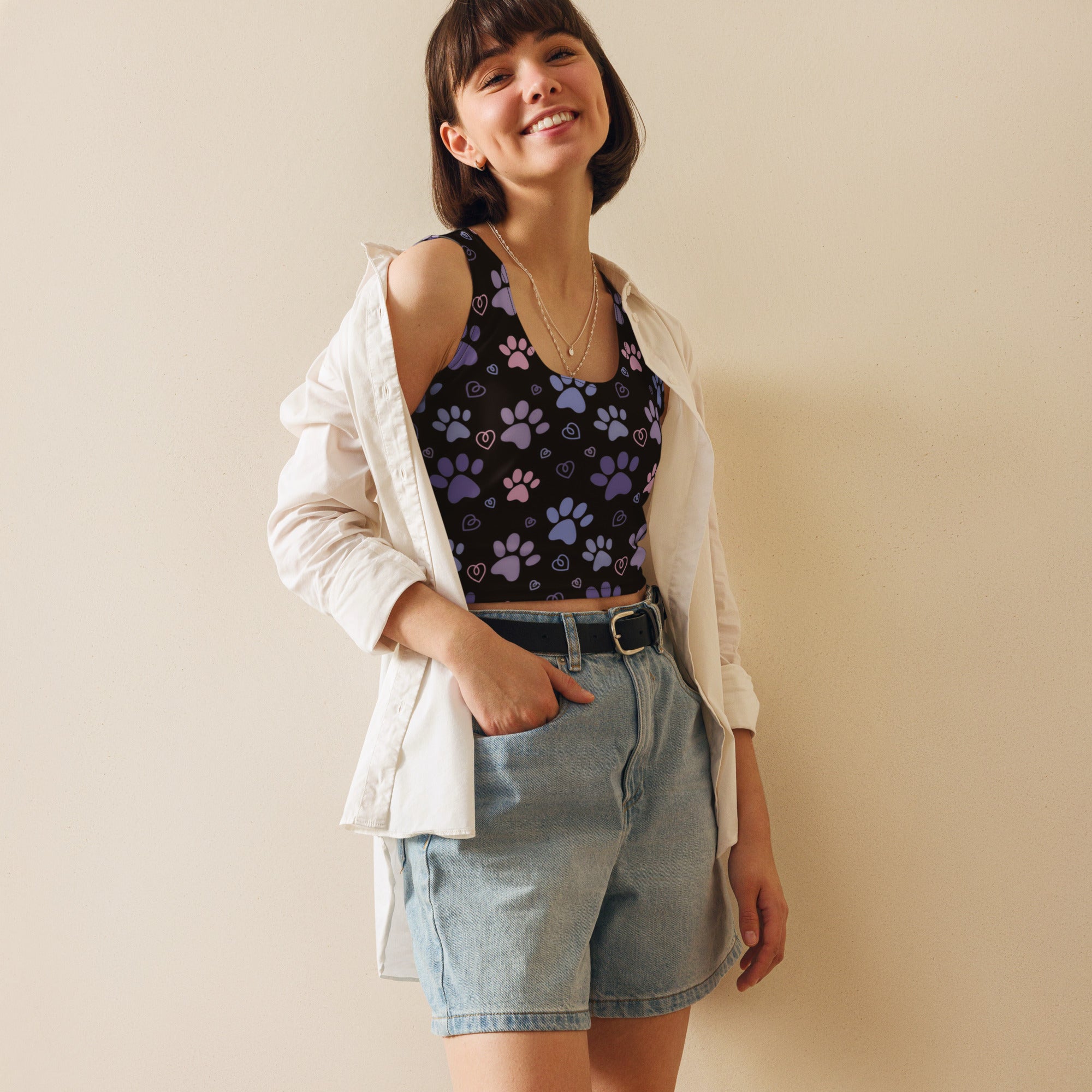 Women's Pastel Paw Print Buttery Soft Crop Top- Quick-Drying UPF 50+ Stretch Top