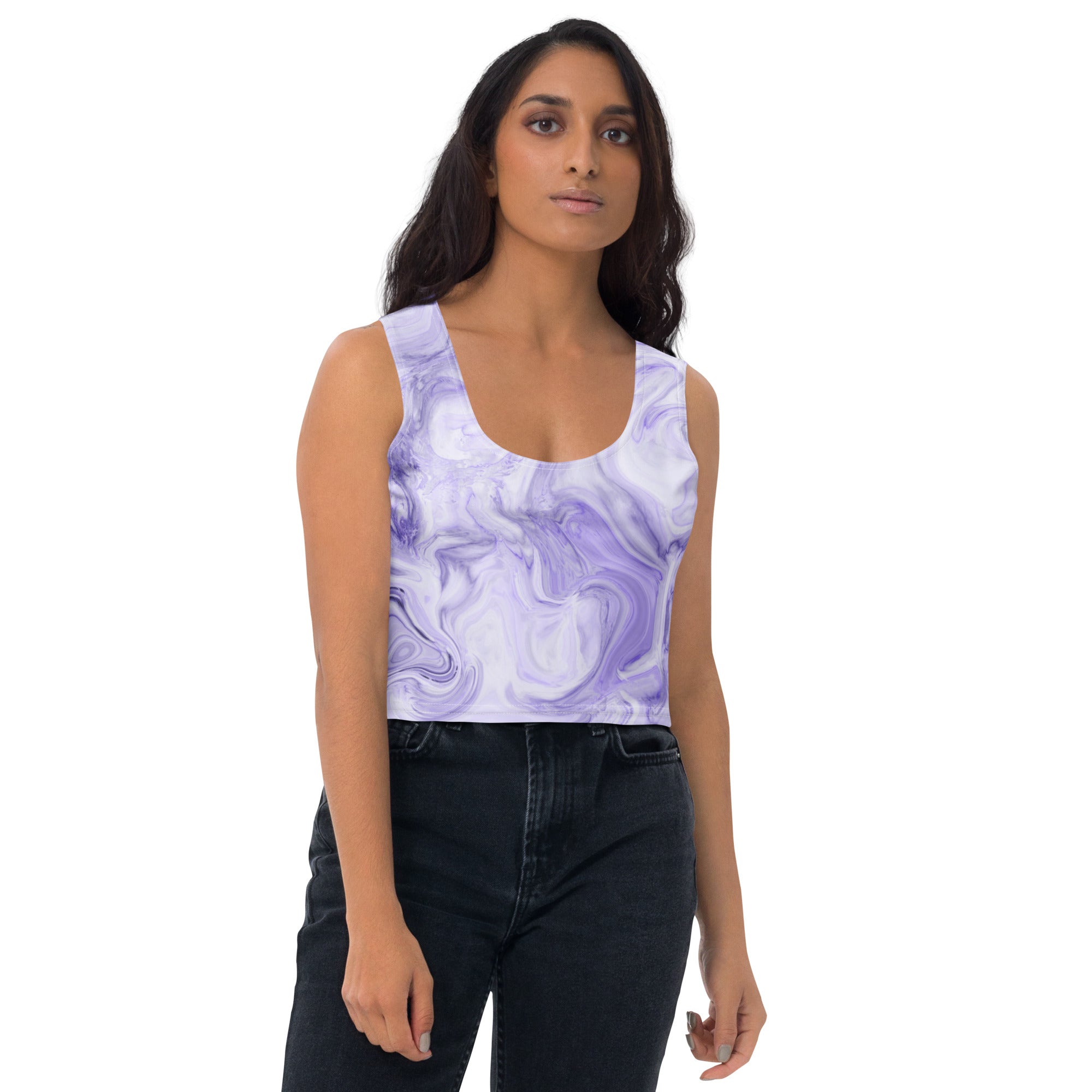 Women's Purple Watercolor Marble Buttery Soft Crop Top- Quick-Drying UPF 50+ Stretch Top
