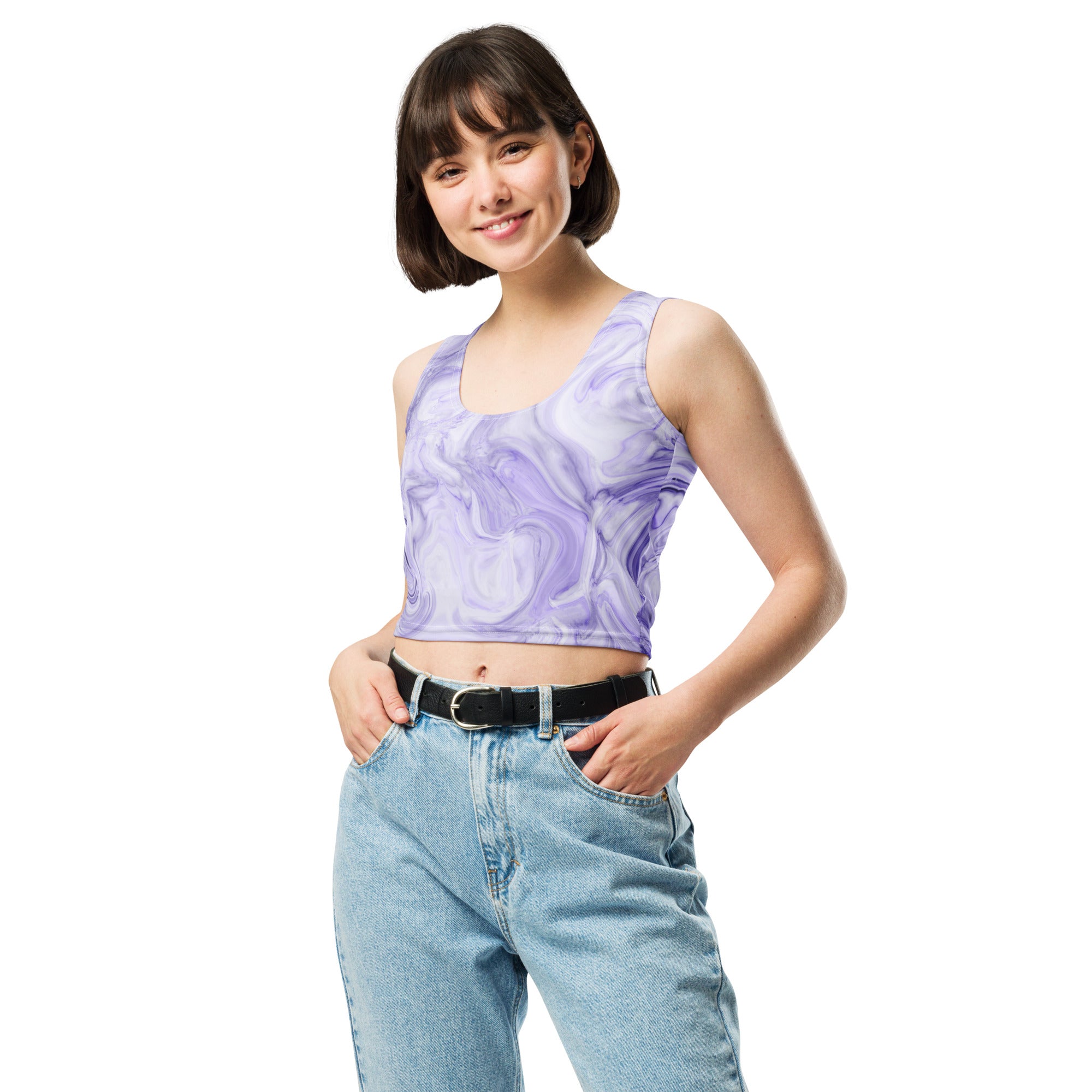 Women's Purple Watercolor Marble Buttery Soft Crop Top- Quick-Drying UPF 50+ Stretch Top