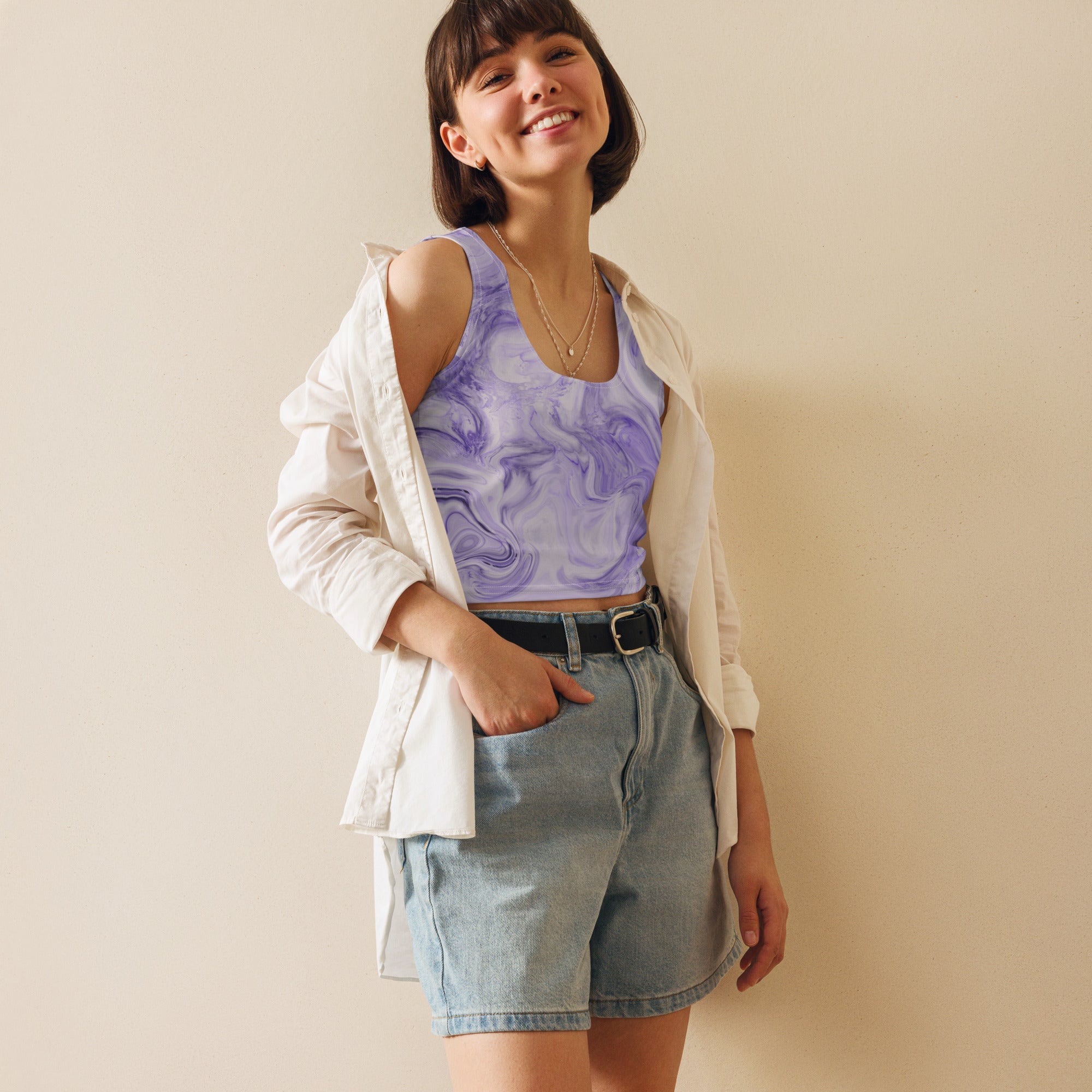Women's Purple Watercolor Marble Buttery Soft Crop Top- Quick-Drying UPF 50+ Stretch Top