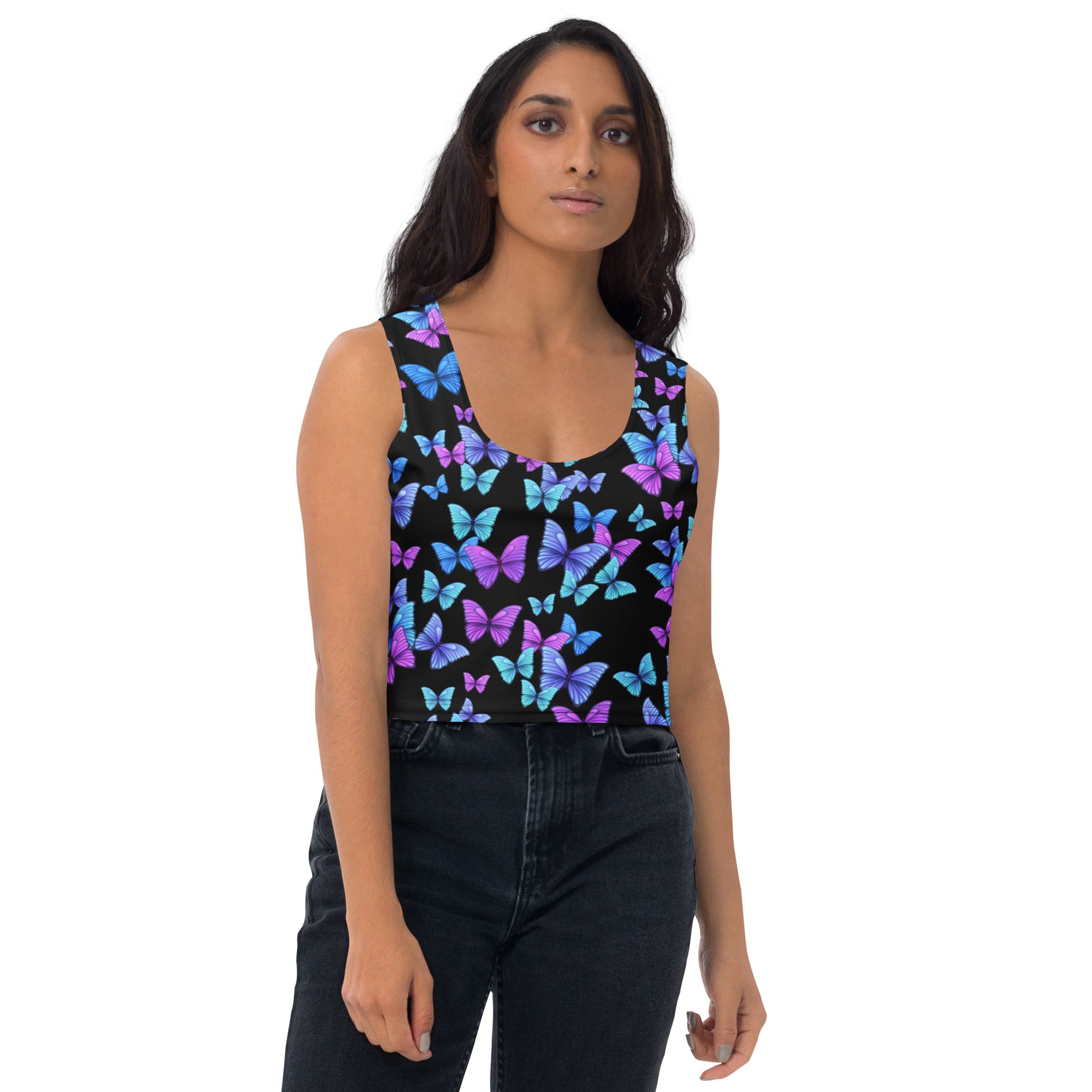 Women's Vibrant Butterfly Buttery Soft Crop Top- Quick-Drying UPF 50+ Stretch Top