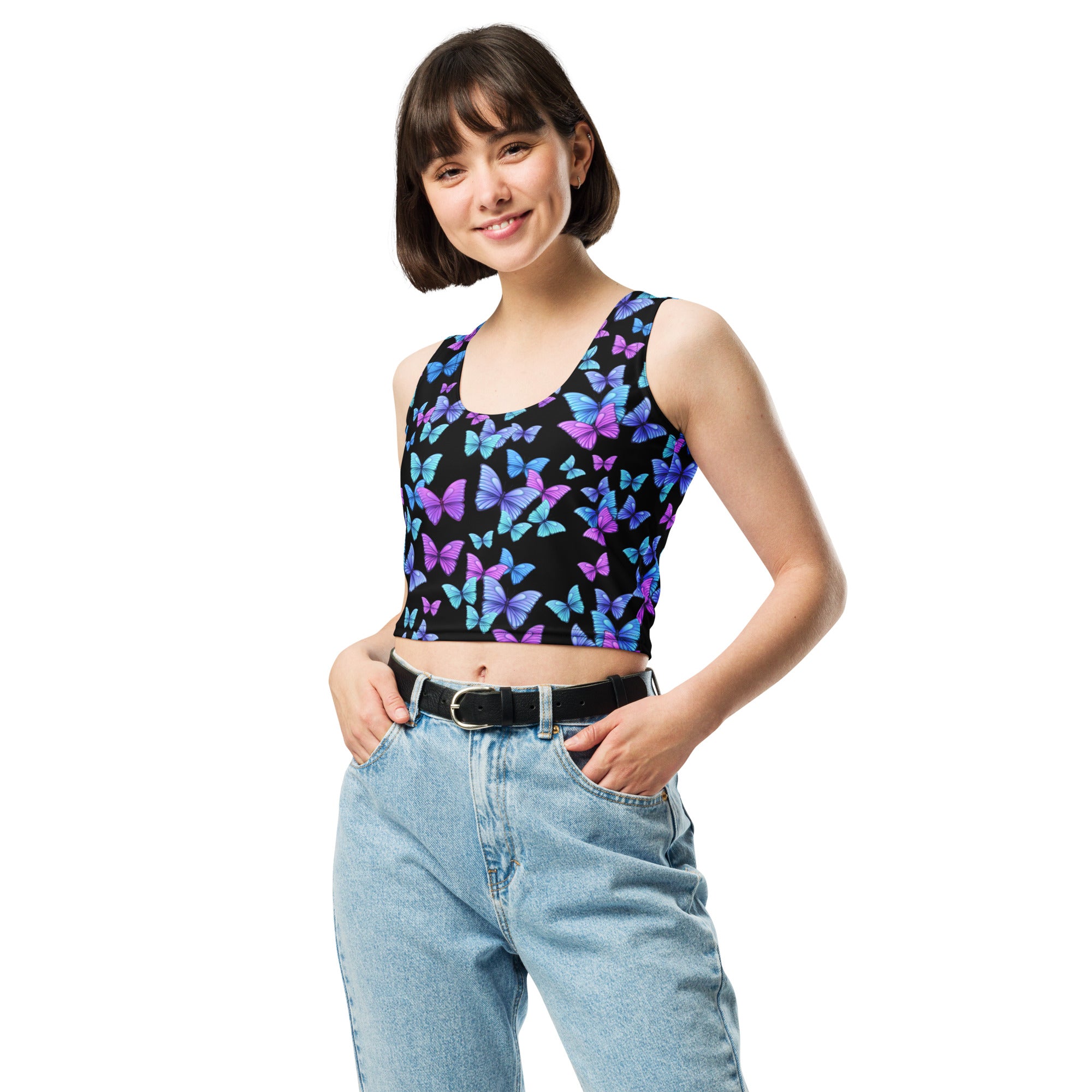 Women's Vibrant Butterfly Buttery Soft Crop Top- Quick-Drying UPF 50+ Stretch Top