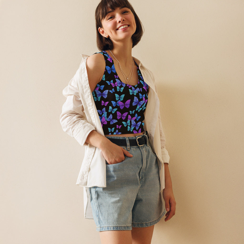Women's Vibrant Butterfly Buttery Soft Crop Top- Quick-Drying UPF 50+ Stretch Top