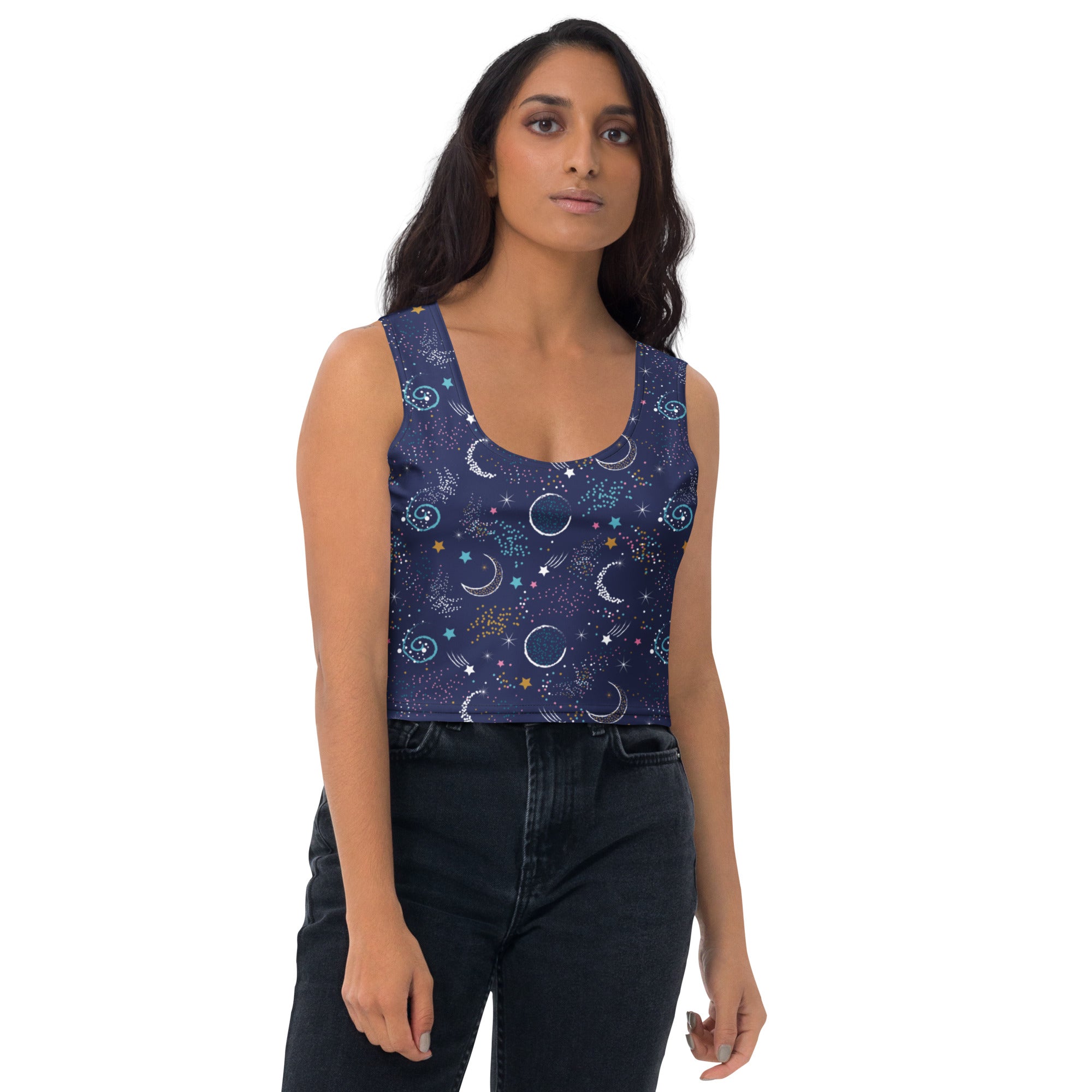Women's Moon and Stars Buttery Soft Crop Top- Quick-Drying UPF 50+ Stretch Top
