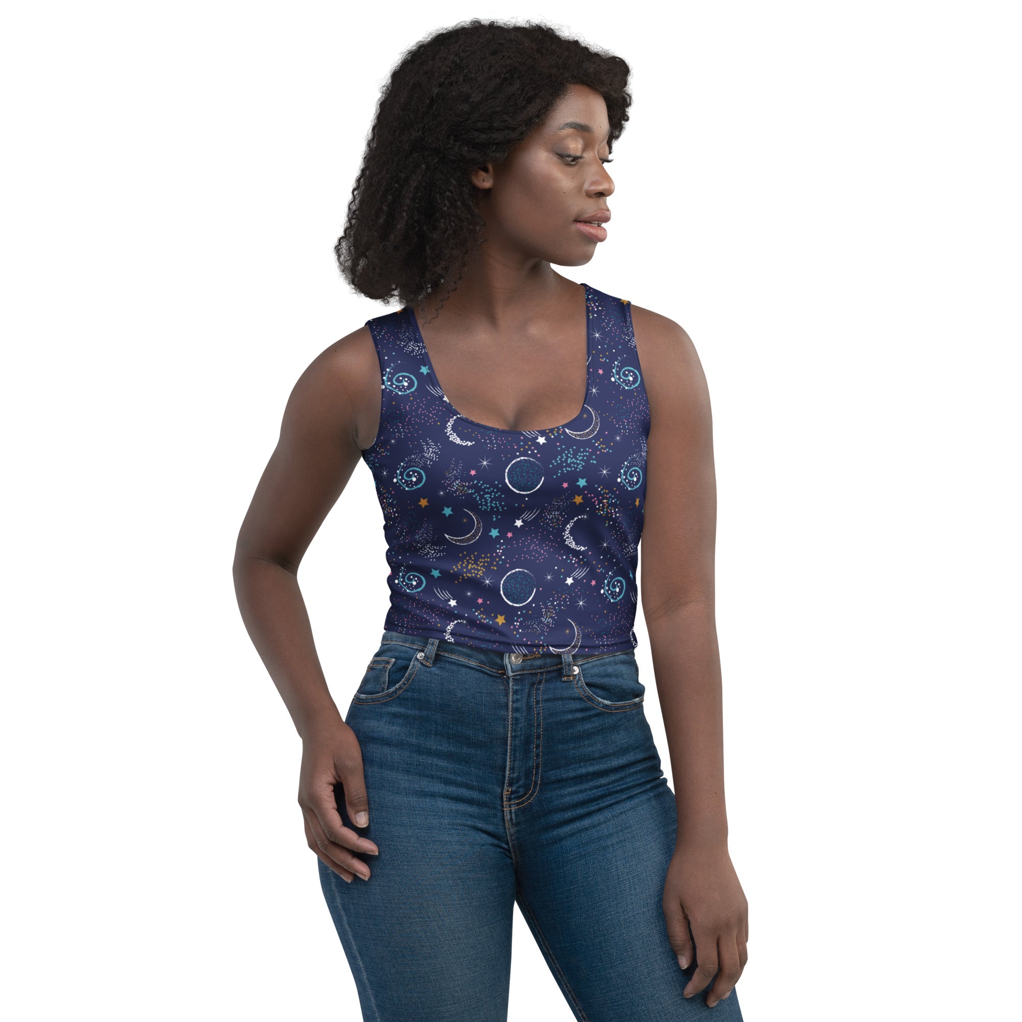 Women's Moon and Stars Buttery Soft Crop Top- Quick-Drying UPF 50+ Stretch Top