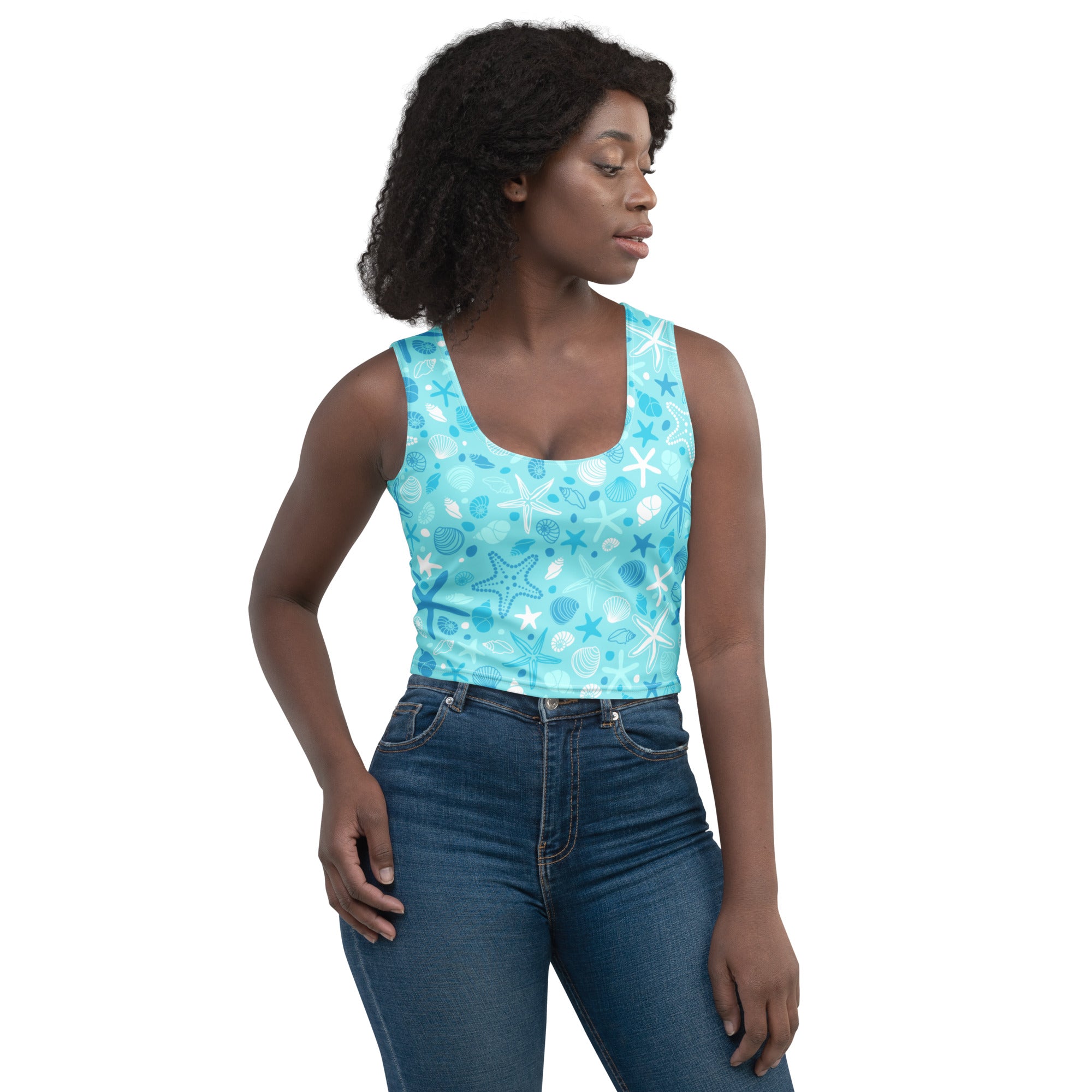 Women's Starfish & Shells Buttery Soft Crop Top- Quick-Drying UPF 50+ Stretch Top