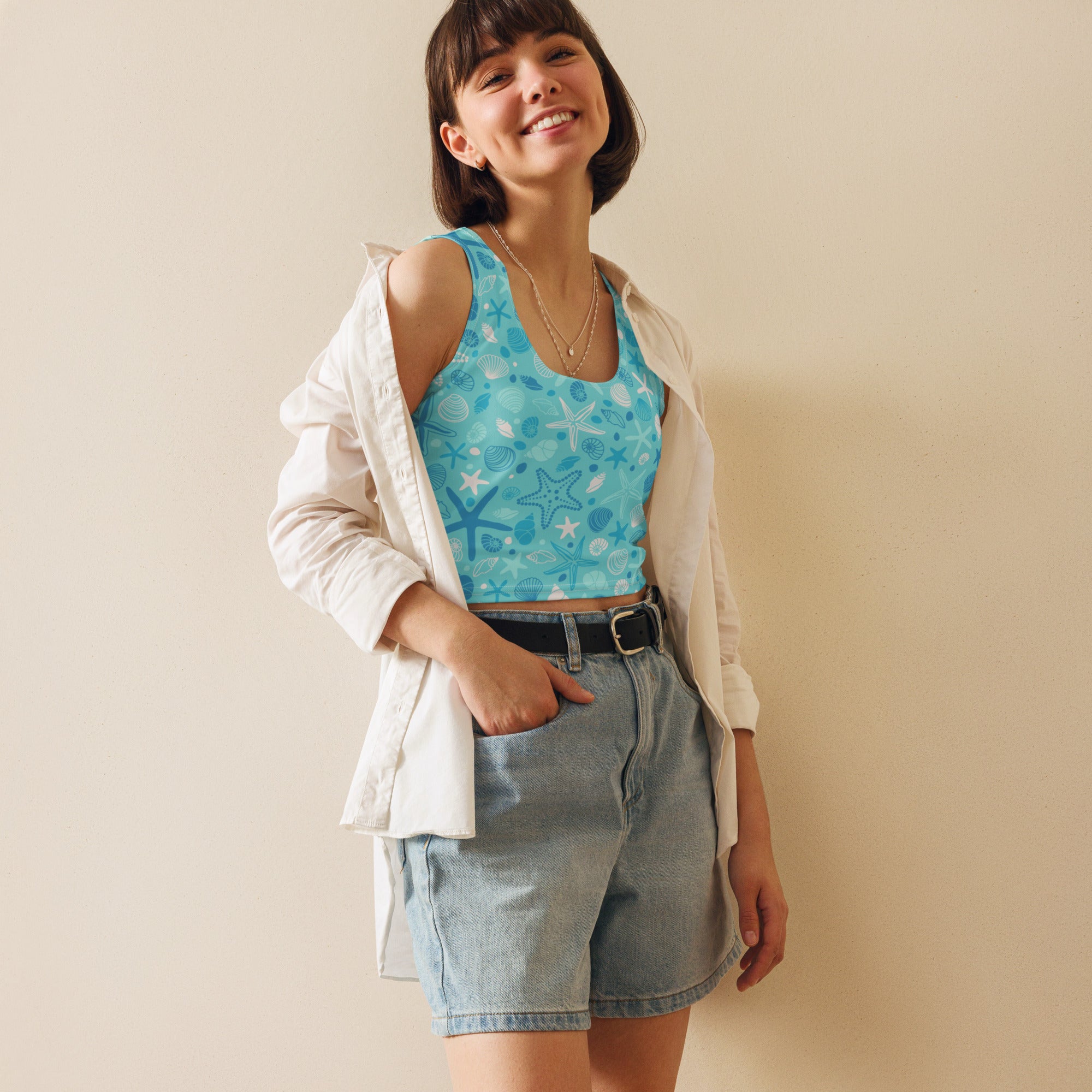 Women's Starfish & Shells Buttery Soft Crop Top- Quick-Drying UPF 50+ Stretch Top