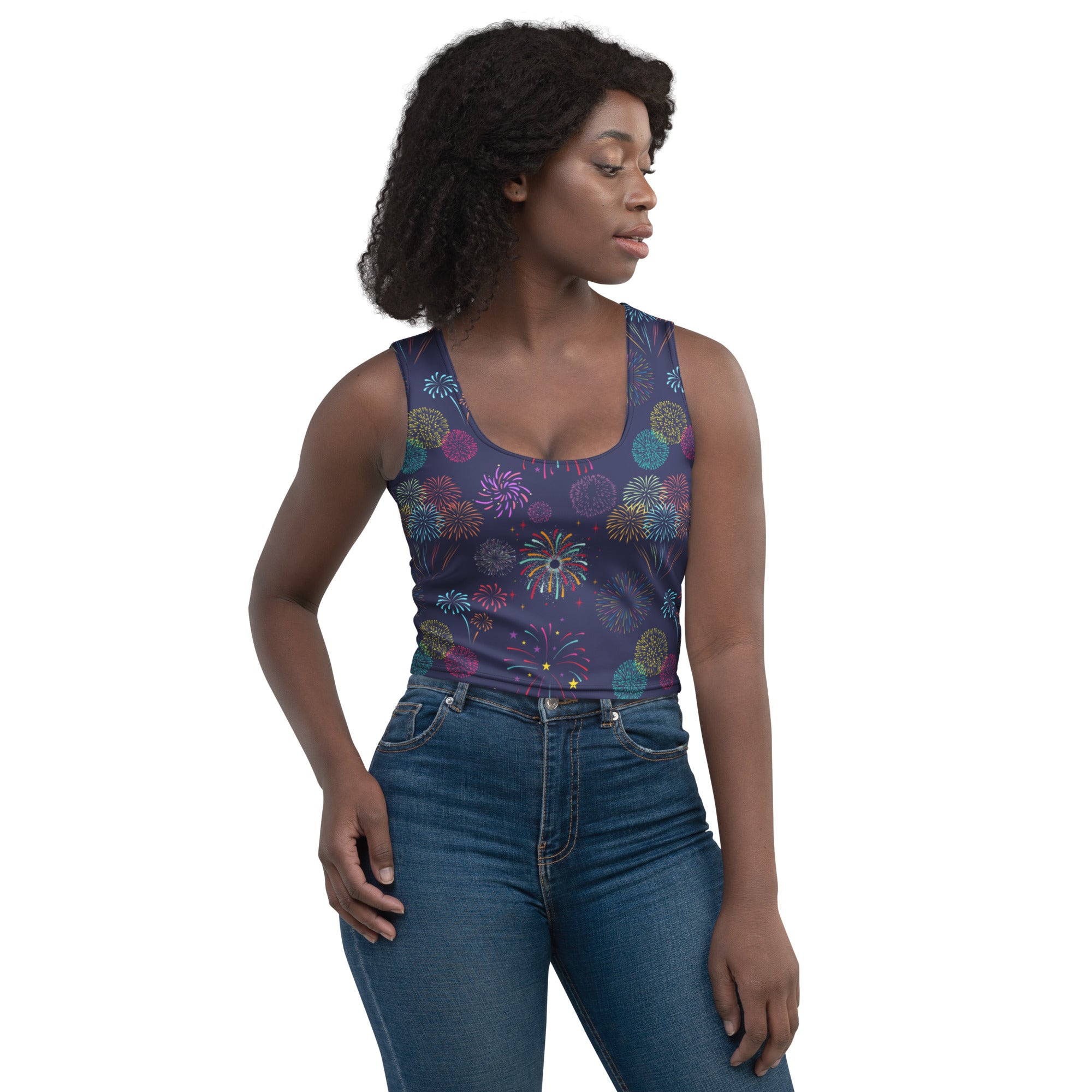 Women's Colorful Fireworks 4th of July Buttery Soft Crop Top- Quick-Drying UPF 50+ Stretch Top