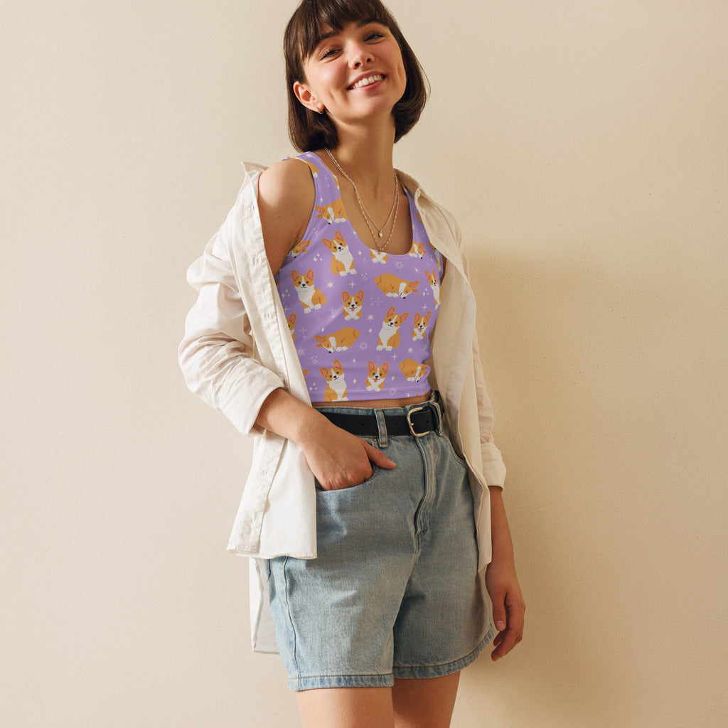 Women's Purple Corgi Dog Buttery Soft Crop Top- Quick-Drying UPF 50+ Stretch Top