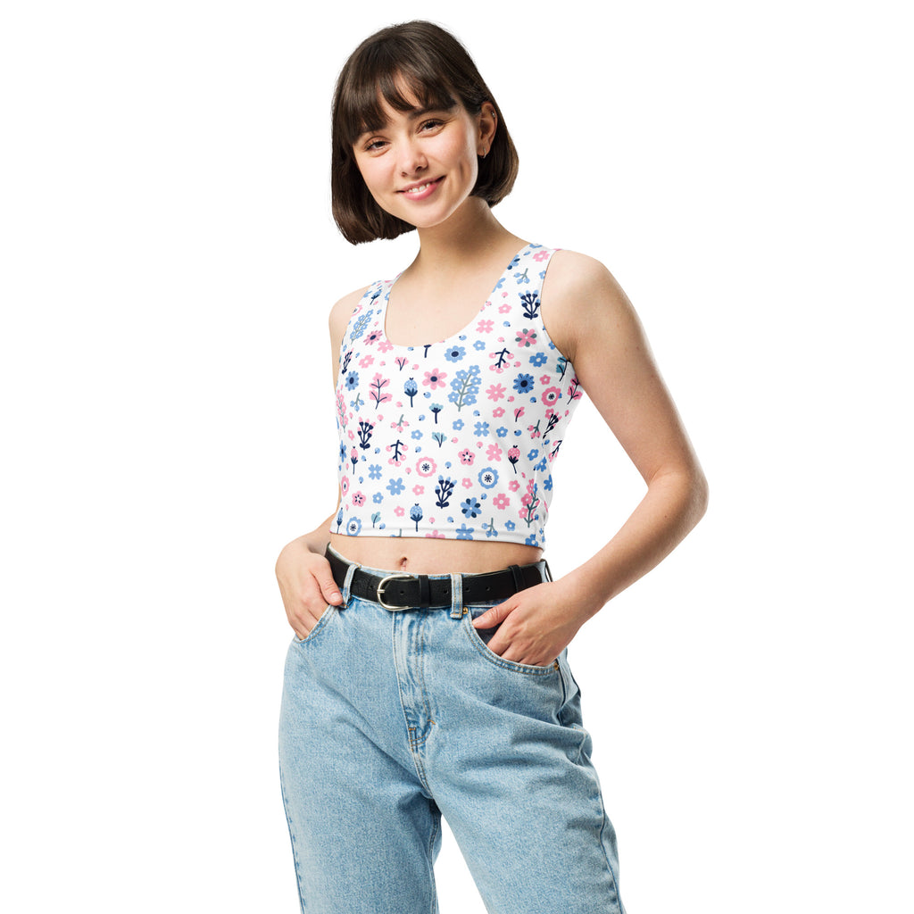 Women's Floral Purple And Blue Flowers Buttery Soft Crop Top- Quick-Drying UPF 50+ Stretch Top
