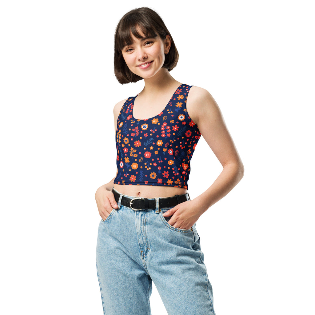 Women's Navy Floral Buttery Soft Crop Top- Quick-Drying UPF 50+ Stretch Top