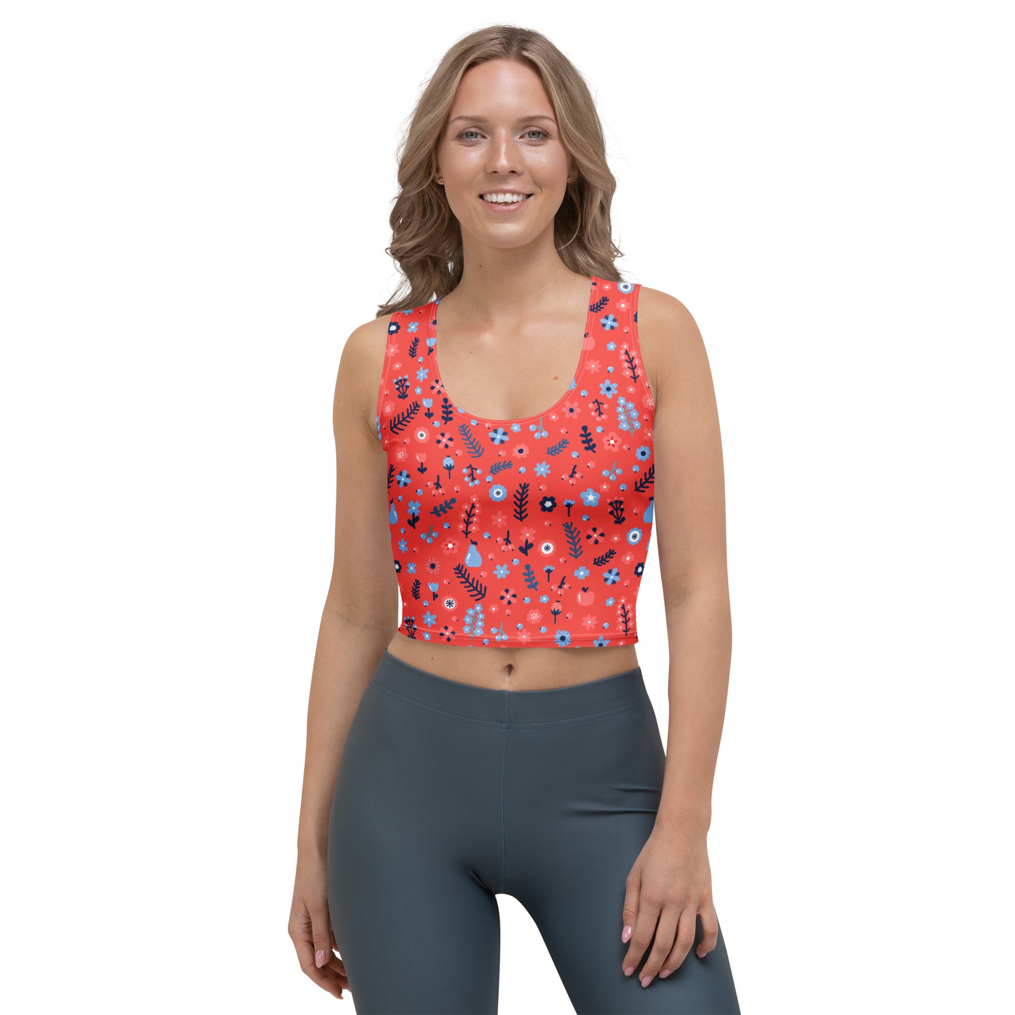 Women's Red Floral Buttery Soft Crop Top- Quick-Drying UPF 50+ Stretch Top
