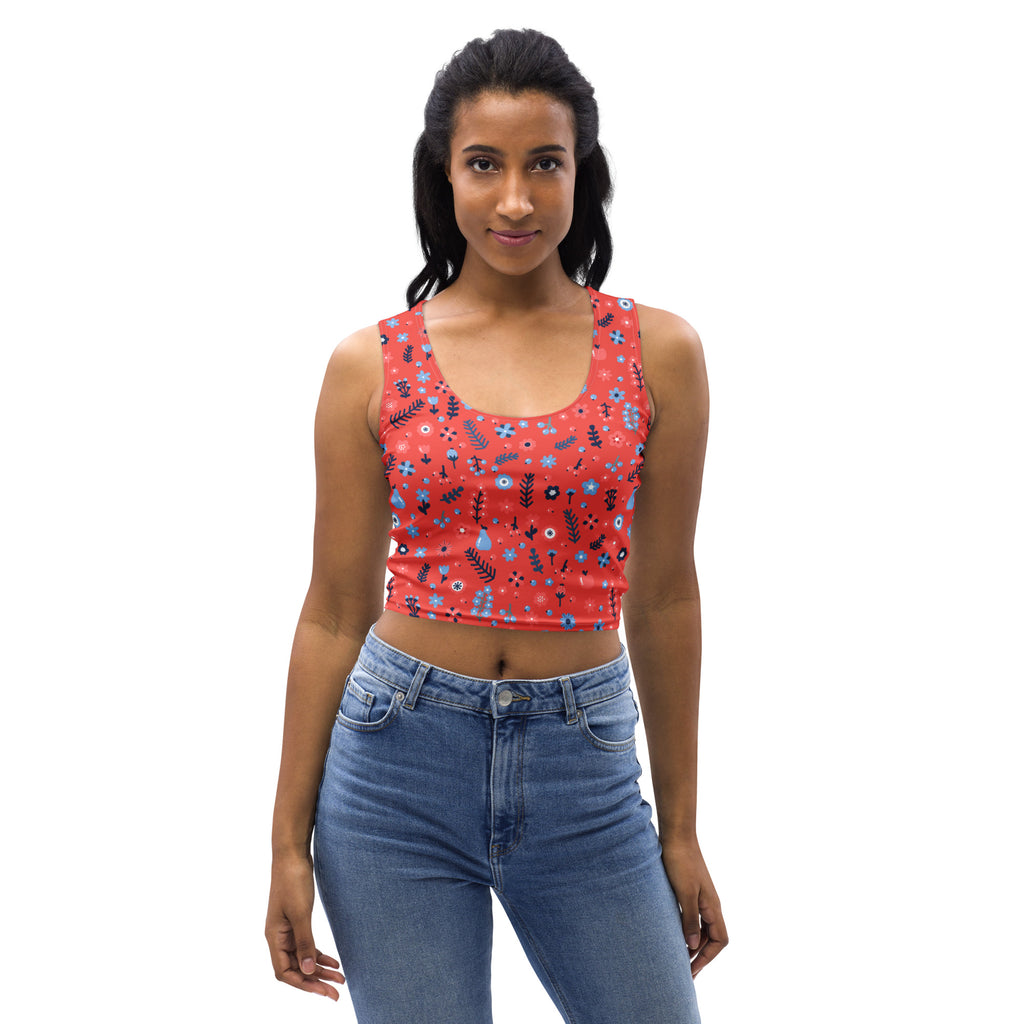 Women's Red Floral Buttery Soft Crop Top- Quick-Drying UPF 50+ Stretch Top