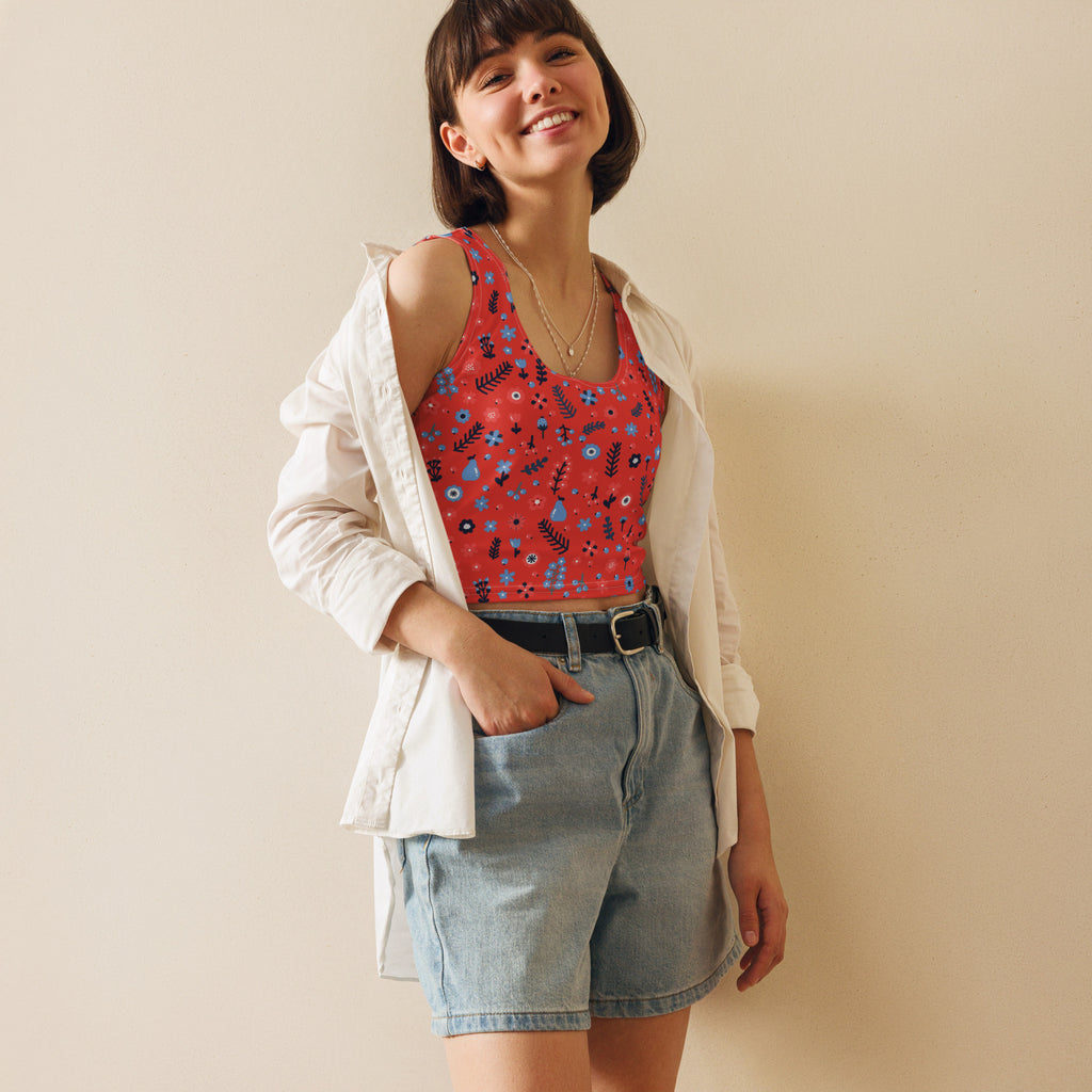 Women's Red Floral Buttery Soft Crop Top- Quick-Drying UPF 50+ Stretch Top