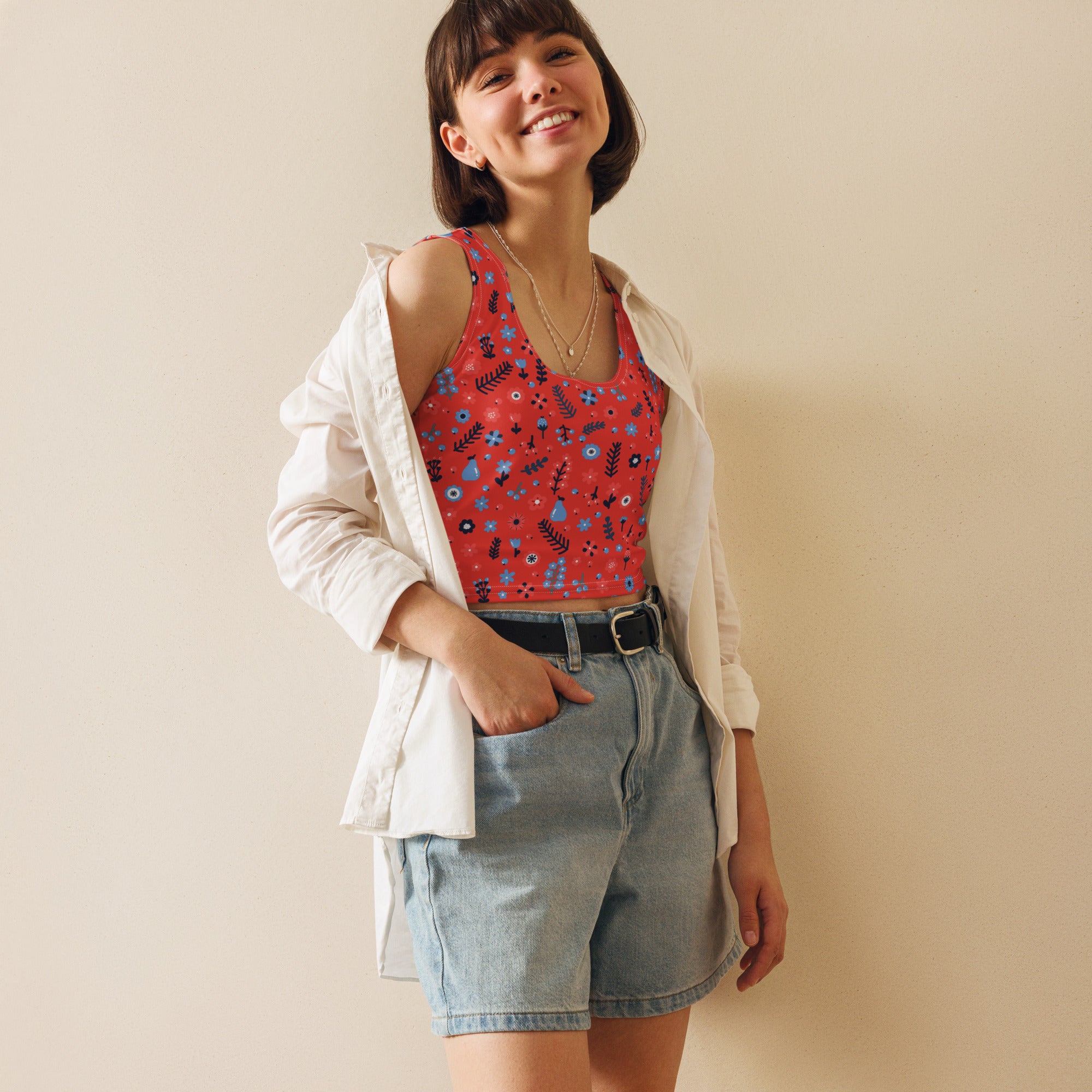 Women's Red Floral Buttery Soft Crop Top- Quick-Drying UPF 50+ Stretch Top