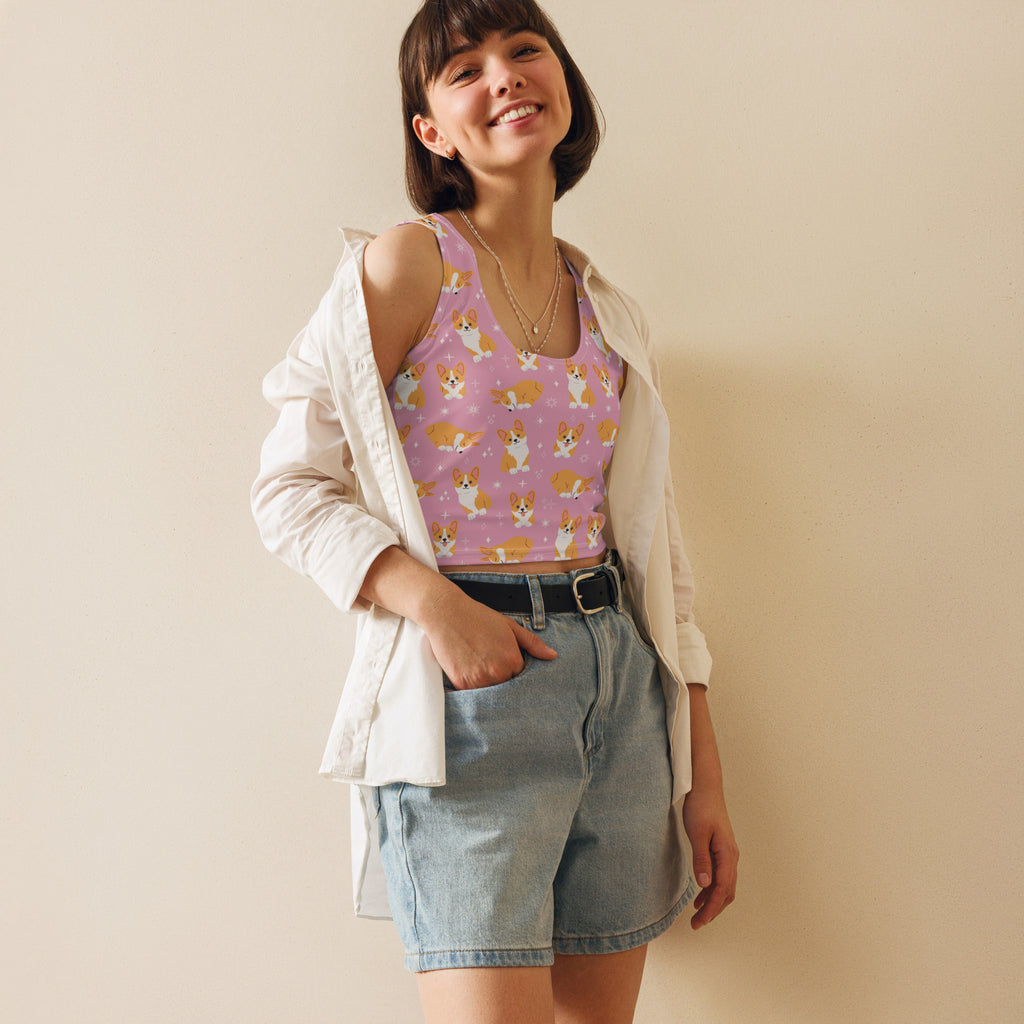Women's Pink Corgi Dog Buttery Soft Crop Top- Quick-Drying UPF 50+ Stretch Top