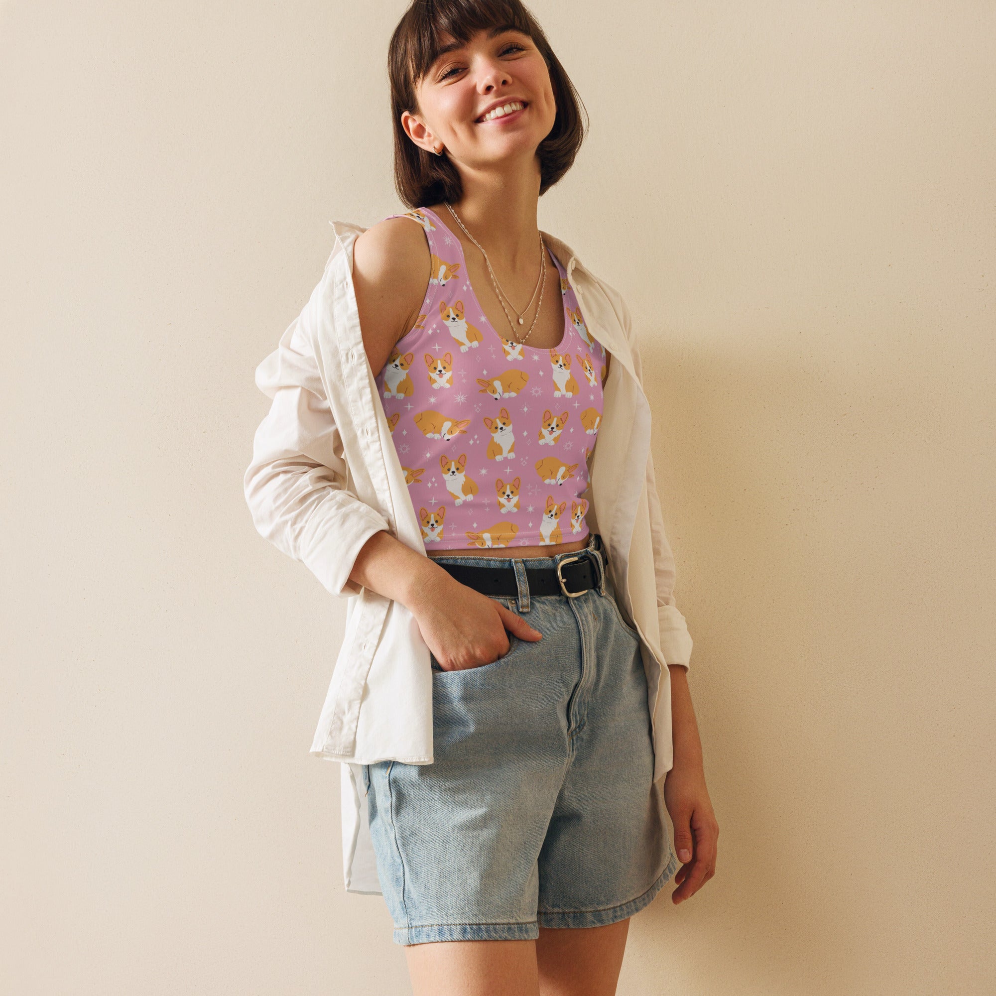 Women's Pink Corgi Dog Buttery Soft Crop Top- Quick-Drying UPF 50+ Stretch Top
