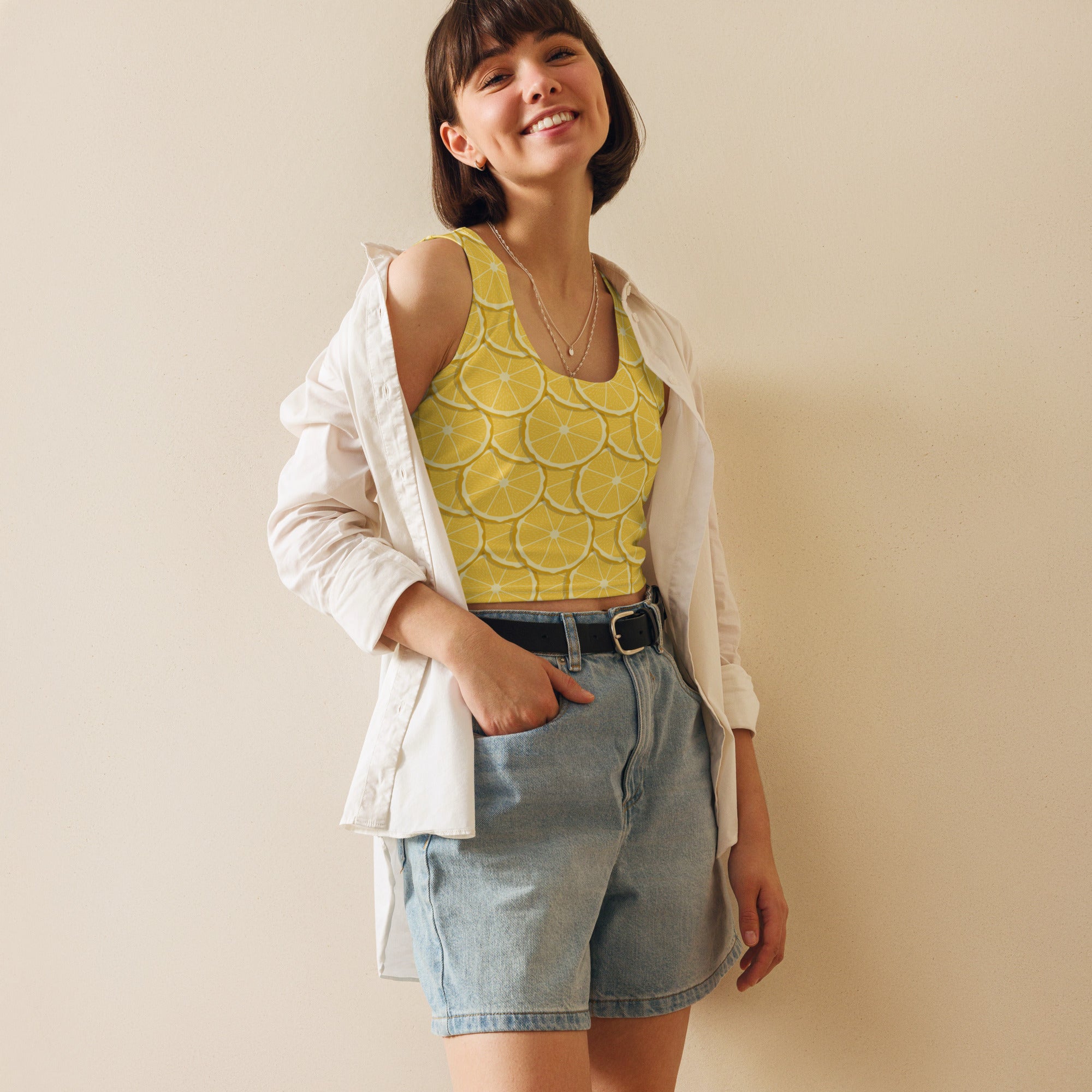 Women's Lemon Slice Buttery Soft Crop Top- Quick-Drying UPF 50+ Stretch Top