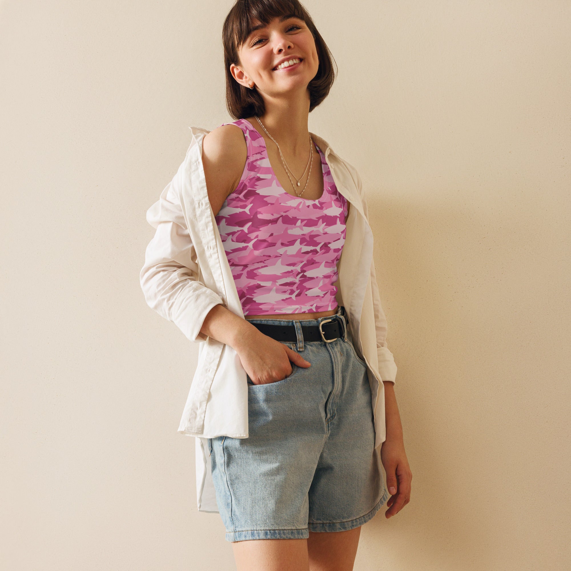 Women's Pink Shark Camouflage Buttery Soft Crop Top- Quick-Drying UPF 50+ Stretch Top