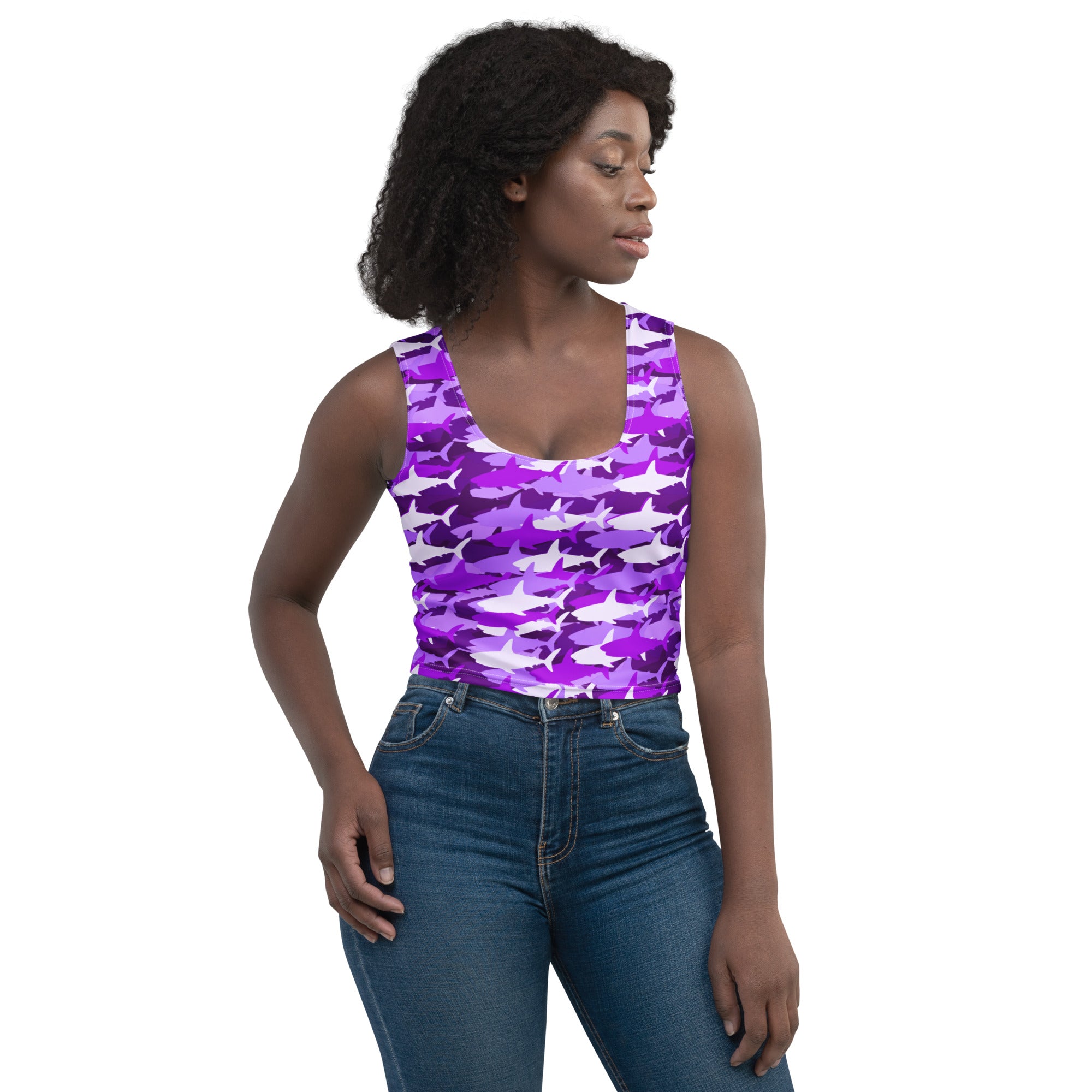 Women's Purple Shark Camouflage Buttery Soft Crop Top- Quick-Drying UPF 50+ Stretch Top