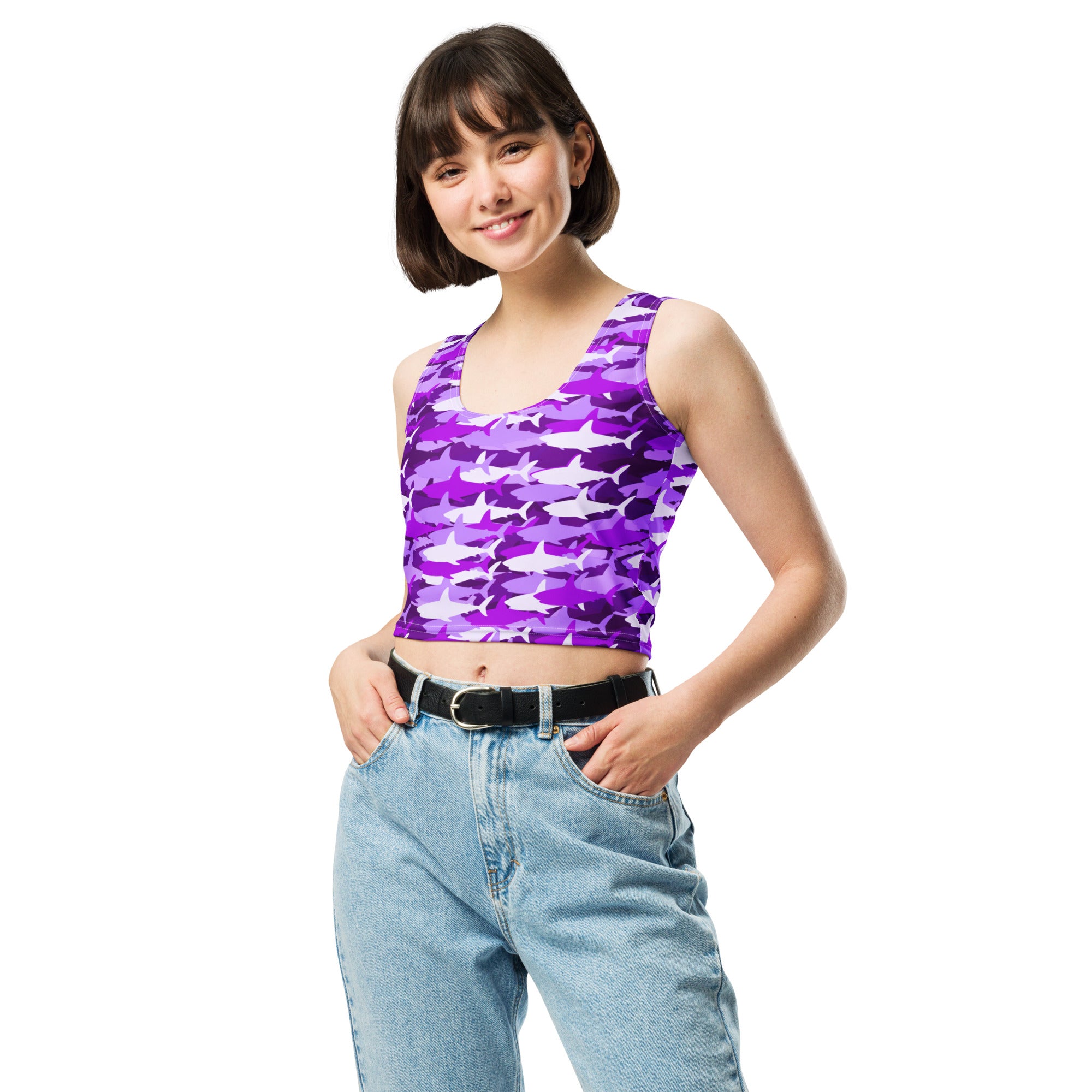 Women's Purple Shark Camouflage Buttery Soft Crop Top- Quick-Drying UPF 50+ Stretch Top