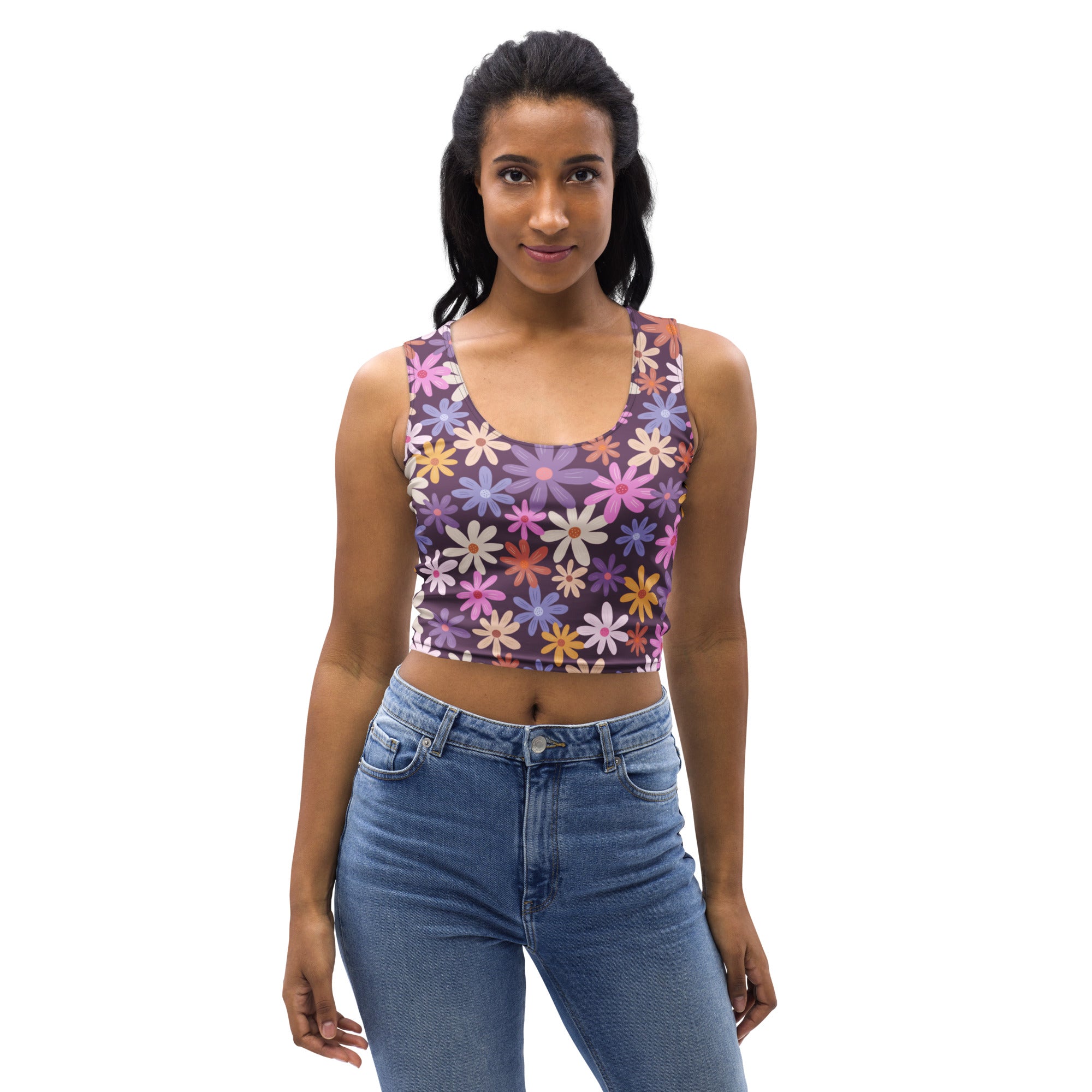 Women's Purple Daisy Floral Buttery Soft Crop Top- Quick-Drying UPF 50+ Stretch Top