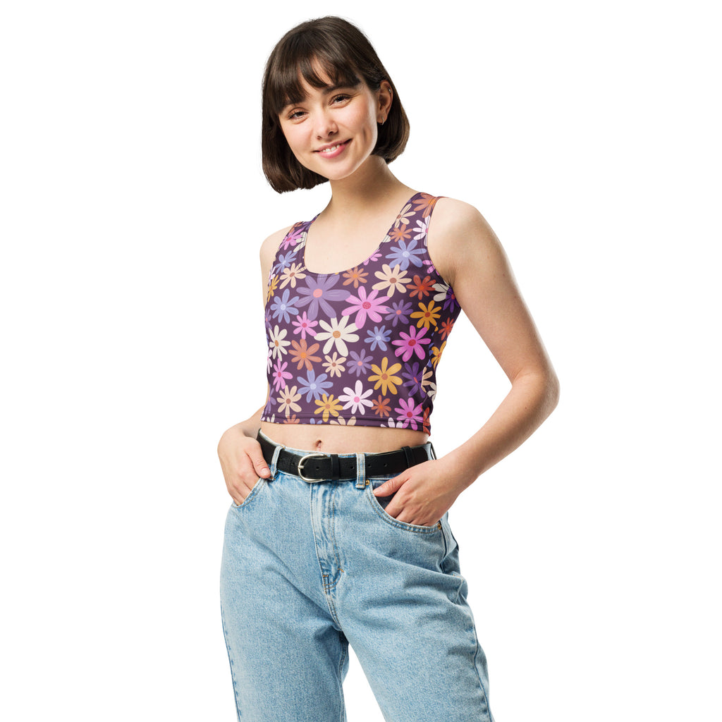 Women's Purple Daisy Floral Buttery Soft Crop Top- Quick-Drying UPF 50+ Stretch Top