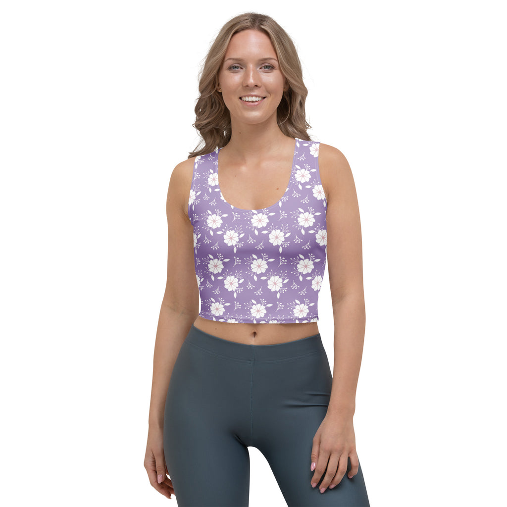 Women's Purple White Floral Buttery Soft Crop Top- Quick-Drying UPF 50+ Stretch Top