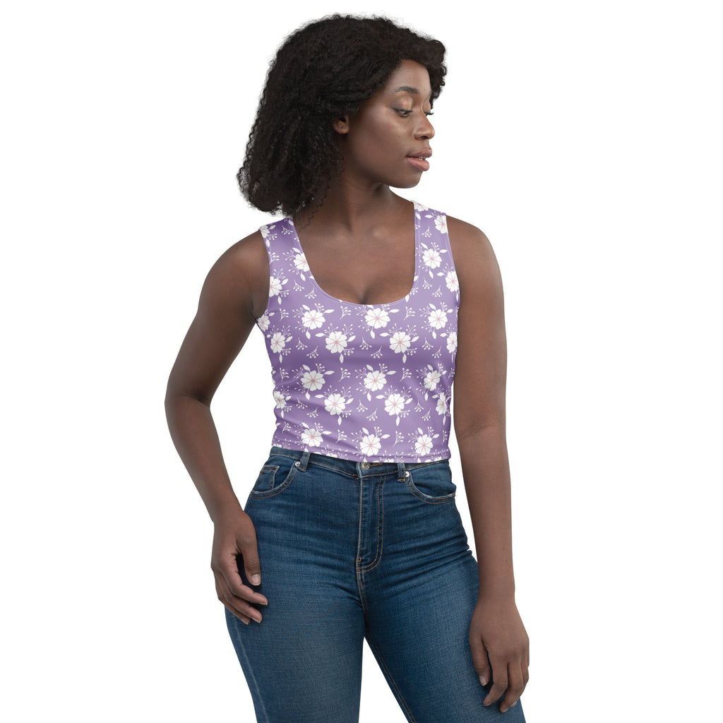 Women's Purple White Floral Buttery Soft Crop Top- Quick-Drying UPF 50+ Stretch Top