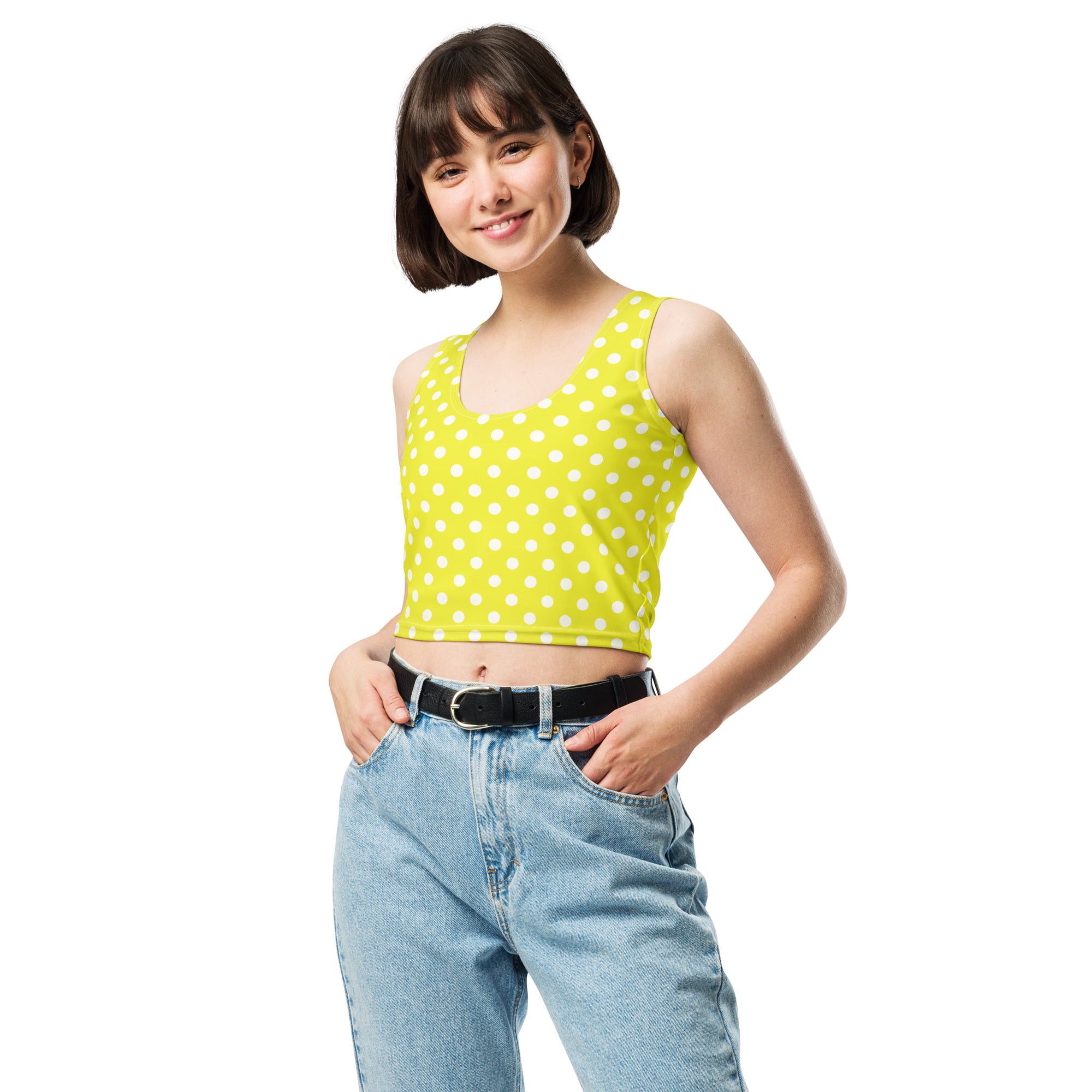 Women's Yellow Polka Dot Buttery Soft Crop Top- Quick-Drying UPF 50+ Stretch Top