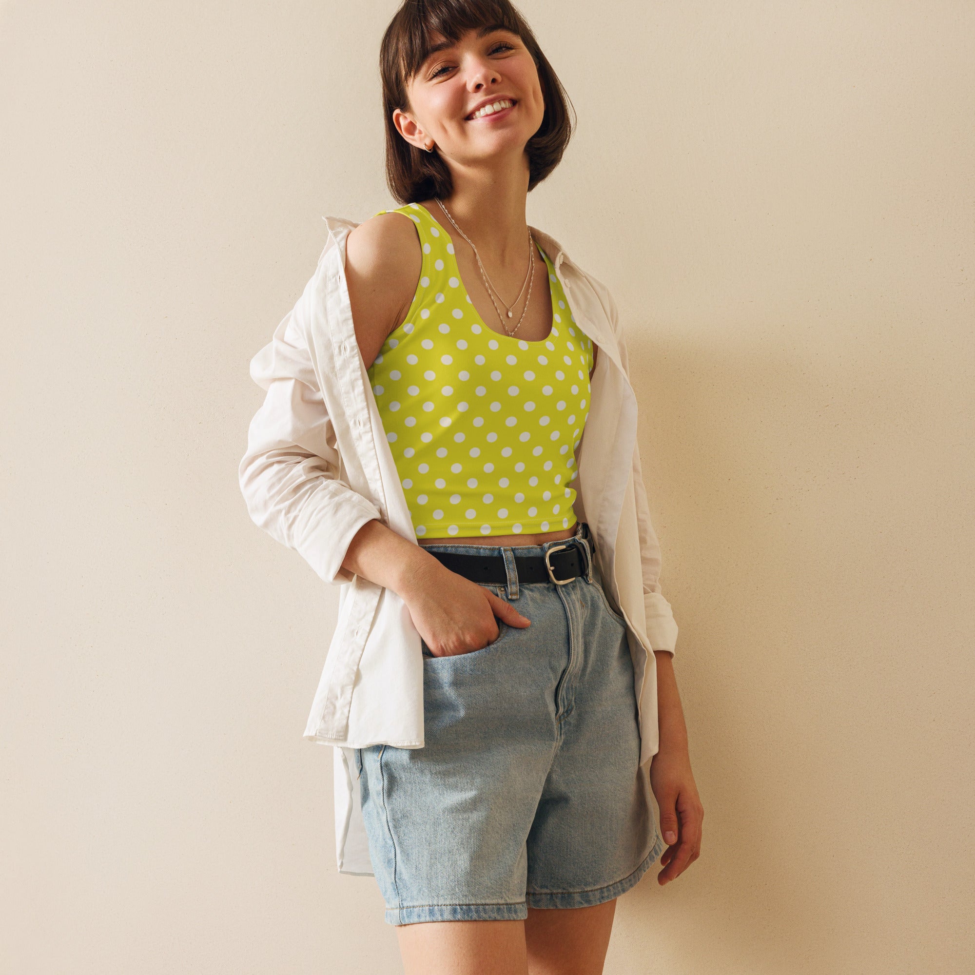 Women's Yellow Polka Dot Buttery Soft Crop Top- Quick-Drying UPF 50+ Stretch Top