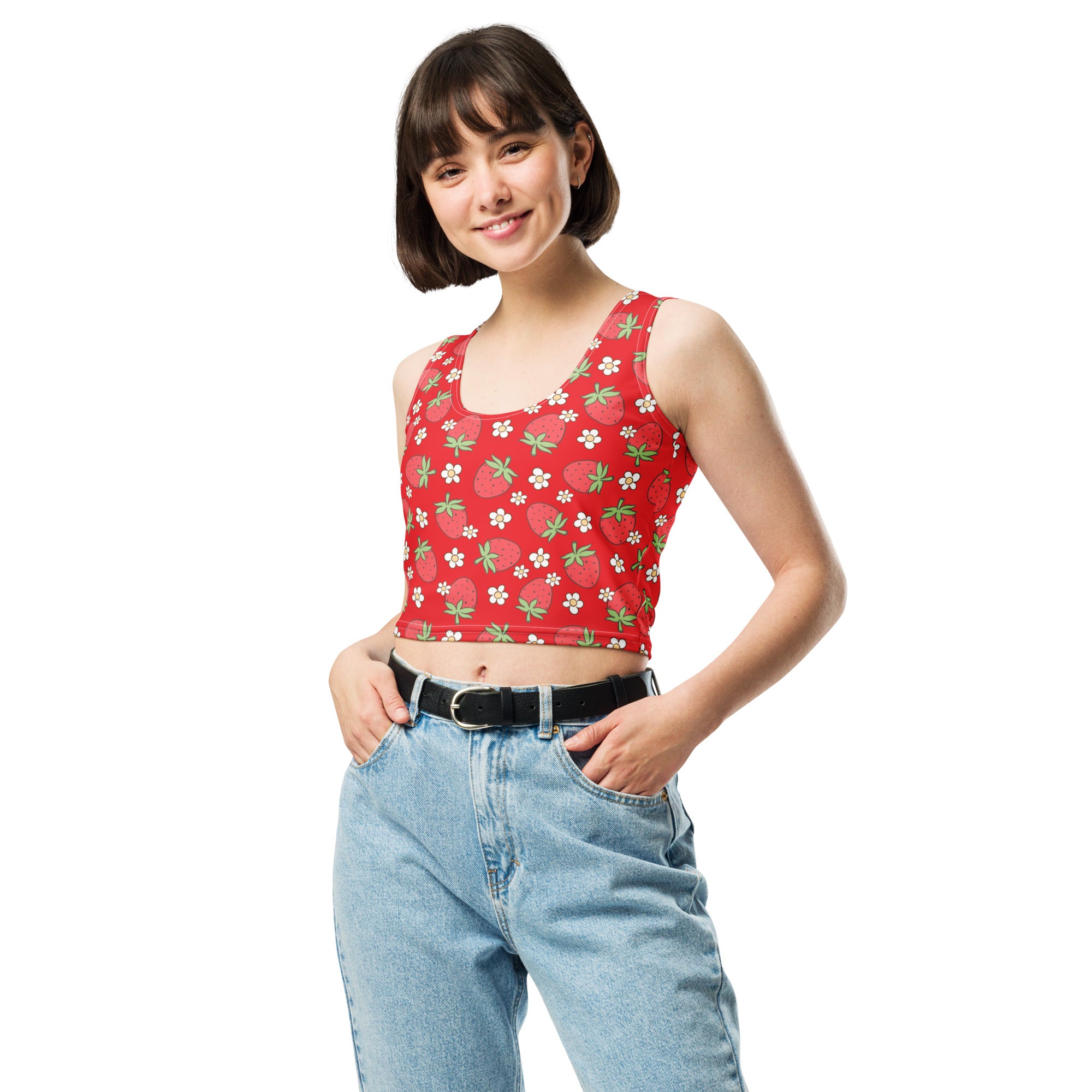 Women's Red Strawberry Daisy Buttery Soft Crop Top- Quick-Drying UPF 50+ Stretch Top