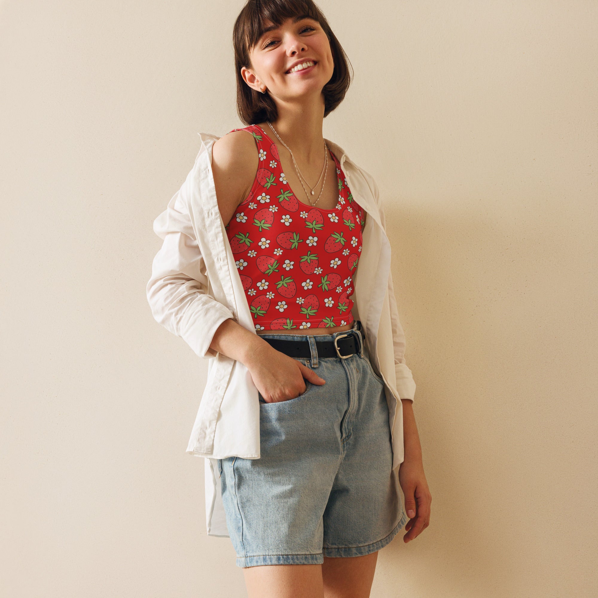 Women's Red Strawberry Daisy Buttery Soft Crop Top- Quick-Drying UPF 50+ Stretch Top