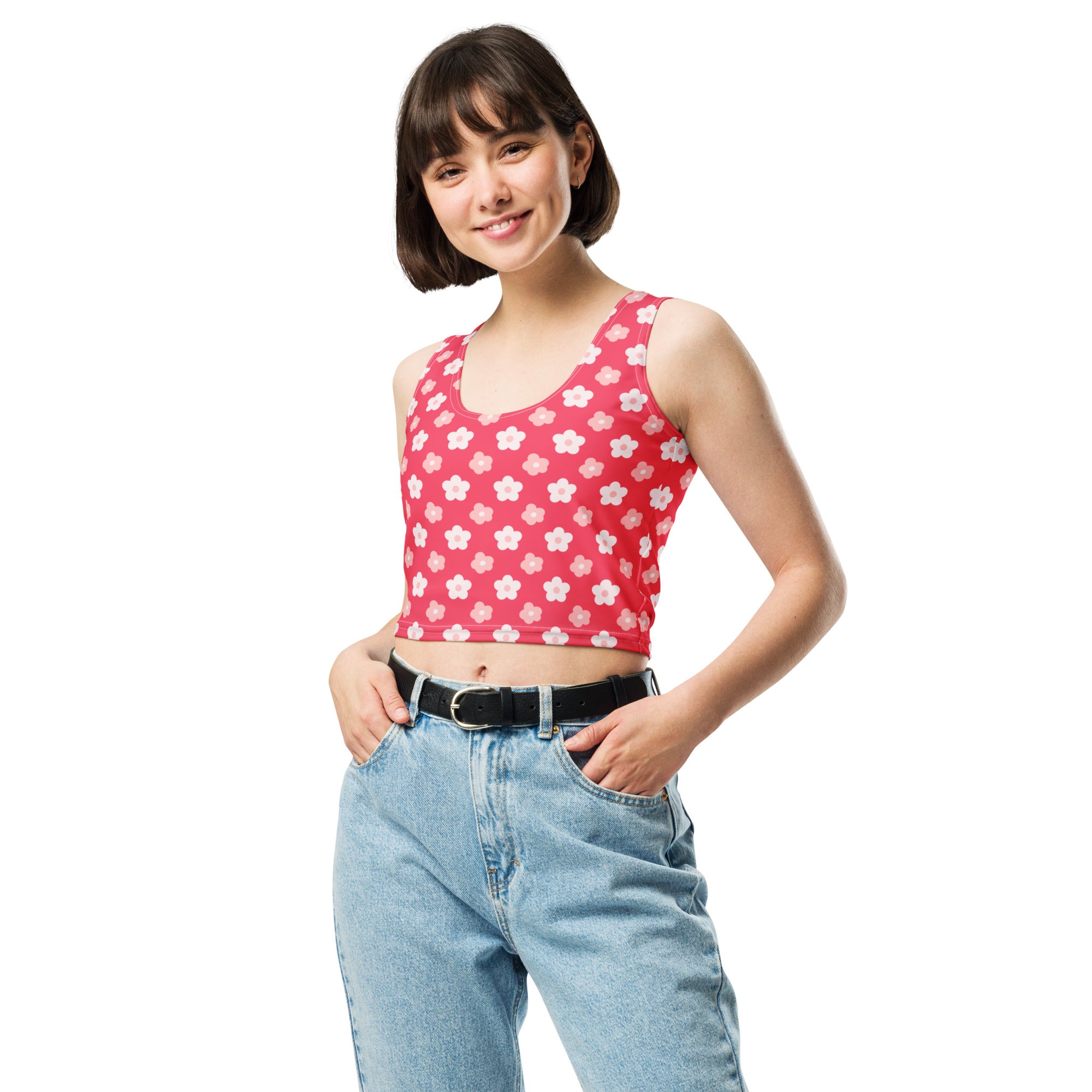 Women's Coral Floral Daisy Buttery Soft Crop Top- Quick-Drying UPF 50+ Stretch Top